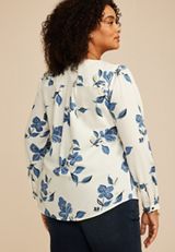 Plus Size Floral Pleated V Neck Button Front Blouse, C1524, small