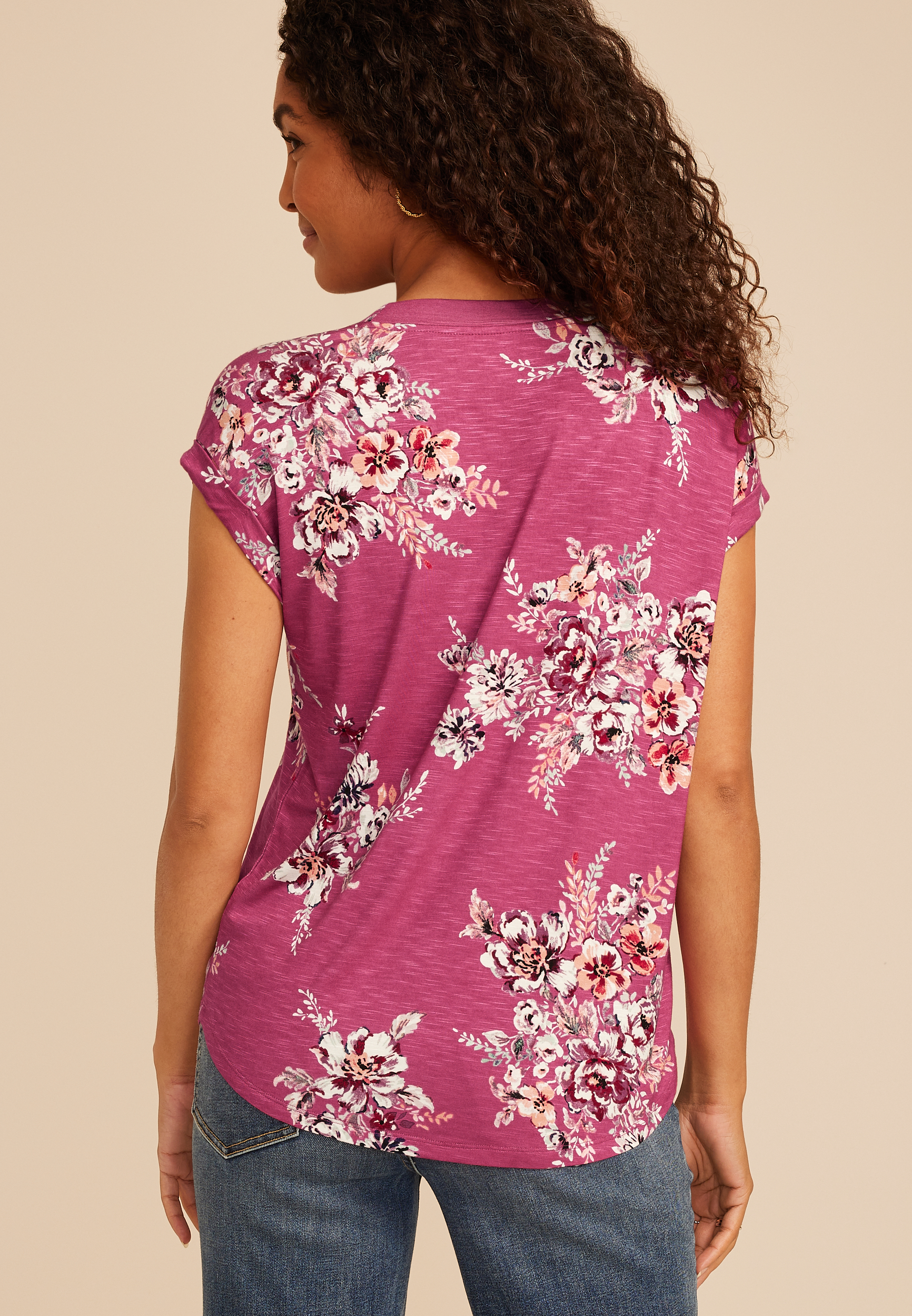 24/7 Berkley Pink Floral V Neck Short Sleeve Tee, C6234, large