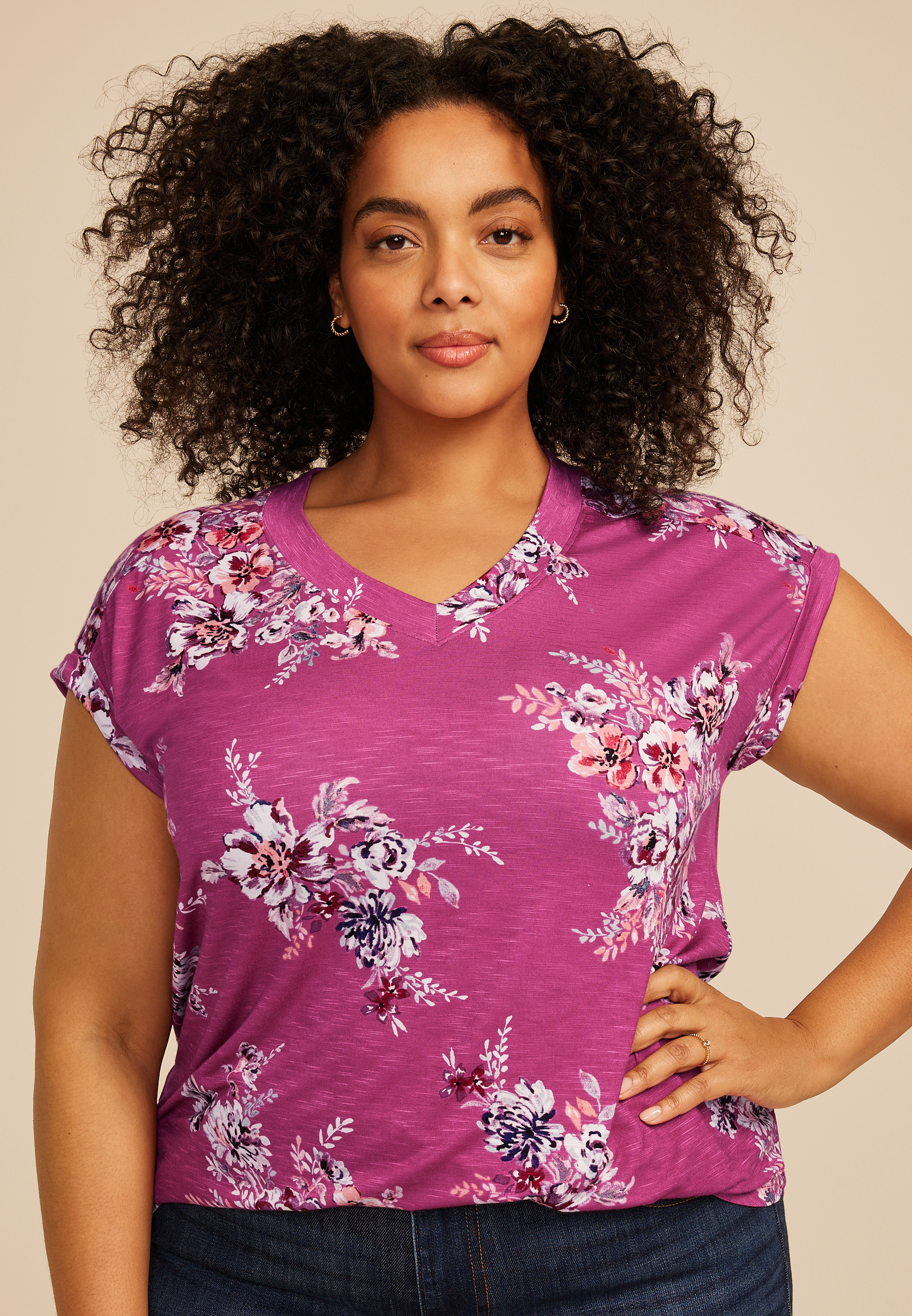 Plus Size 24/7 Berkley Pink Floral V Neck Short Sleeve Tee