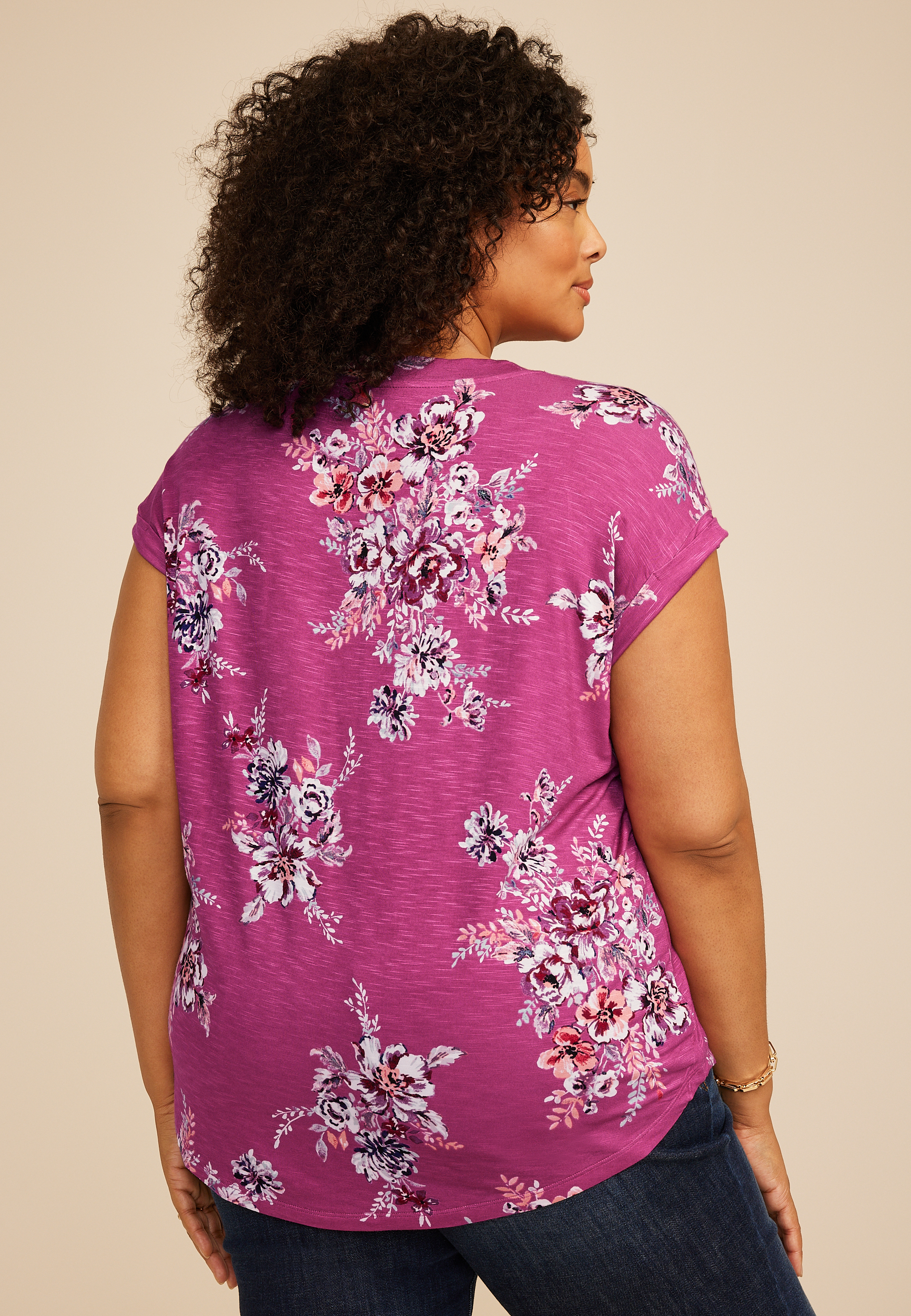 Plus Size 24/7 Berkley Pink Floral V Neck Short Sleeve Tee, MAGENTA HAZE COMBO, large