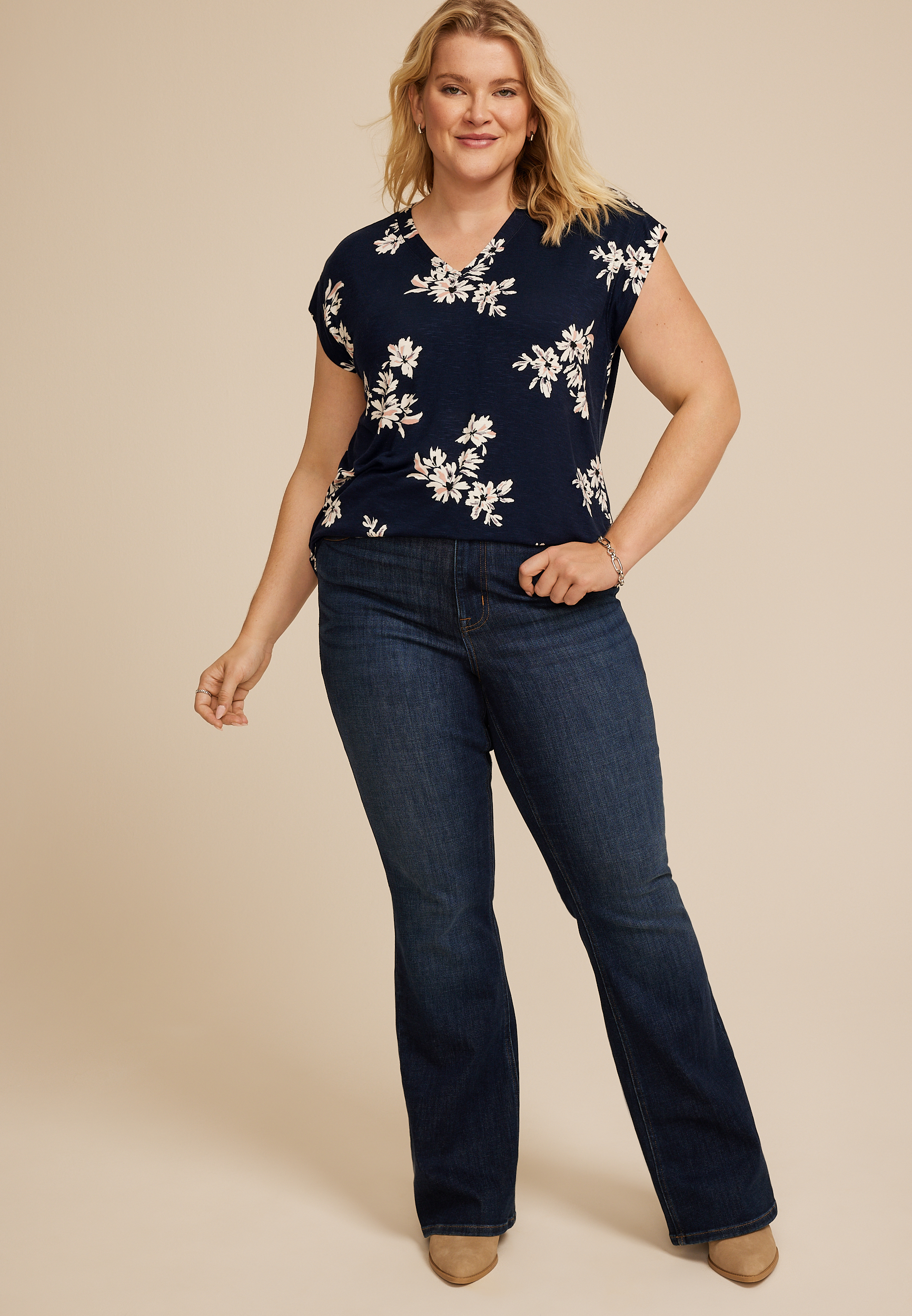 Plus Size 24/7 Magnolia Floral V Neck Tee