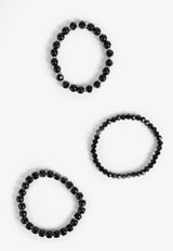 3 Pack Stackable Black Beaded Stretch Bracelet Set, BLACK, small