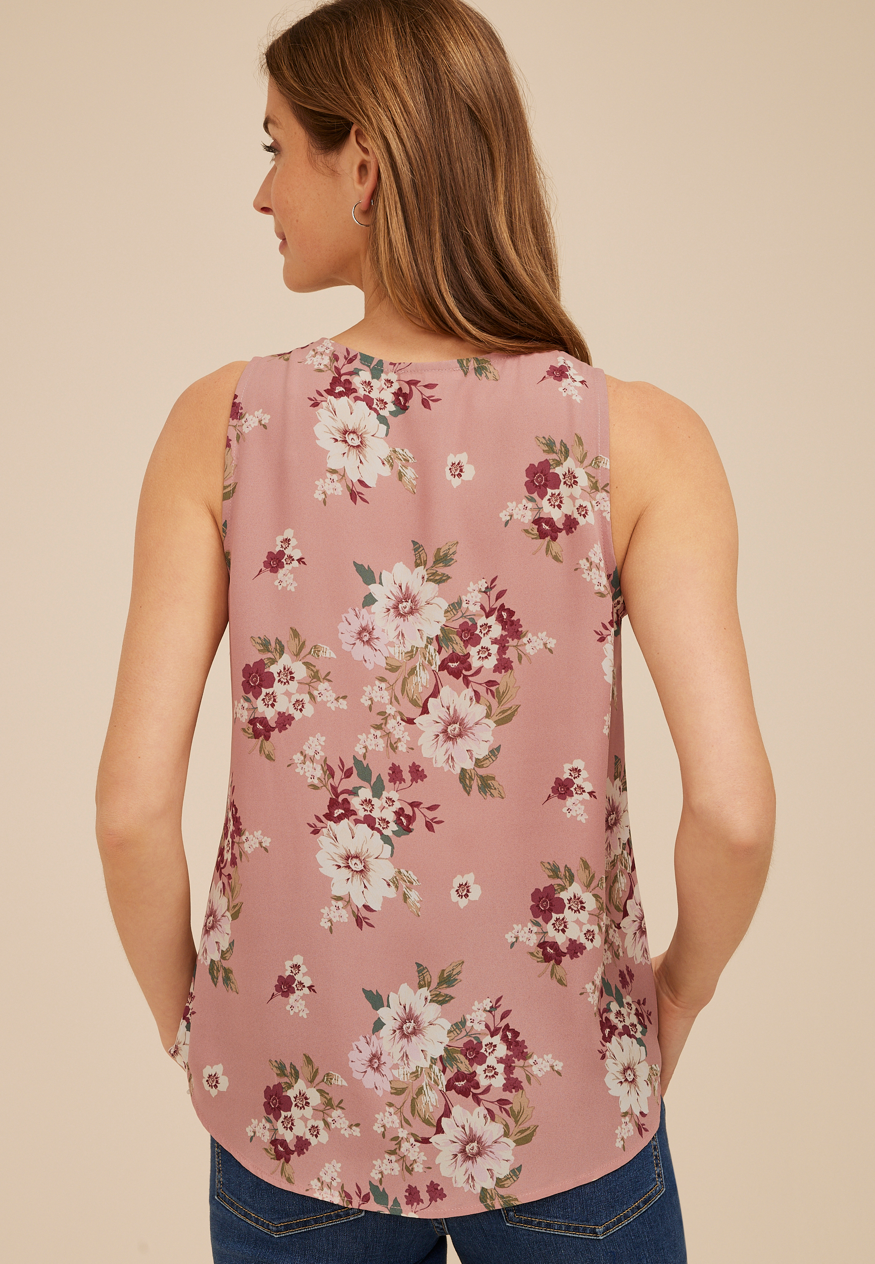 Pink Floral Lace Trim V Neck Tank Top, LIGHT PINK COMBO, large