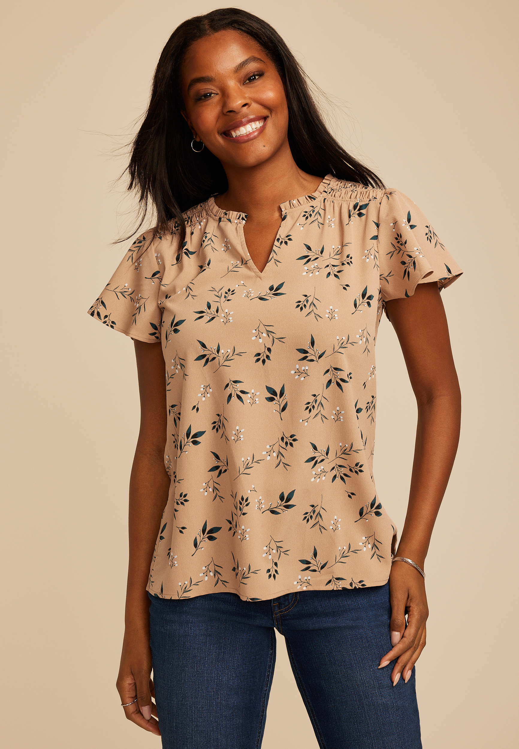 Floral Smocked Shoulder Flutter Sleeve Blouse