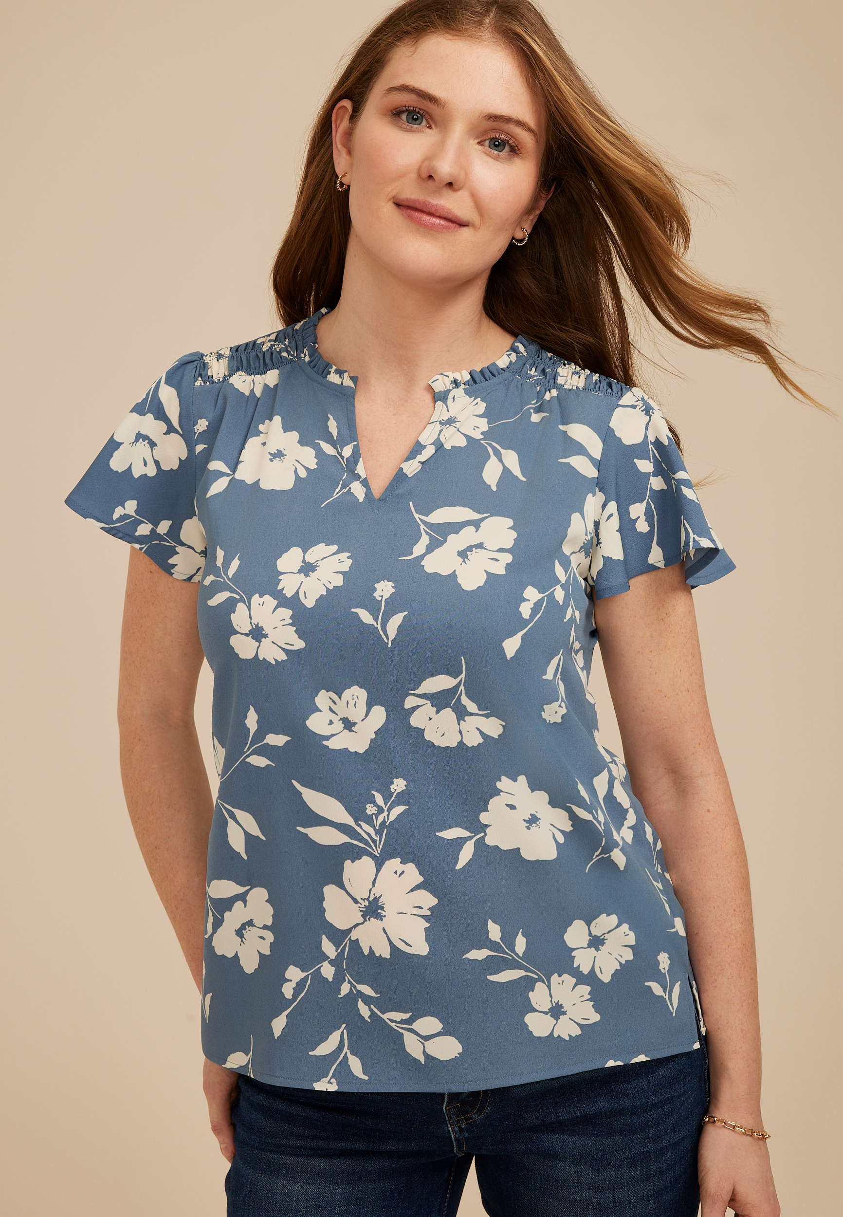 Floral Smocked Shoulder Flutter Sleeve Blouse