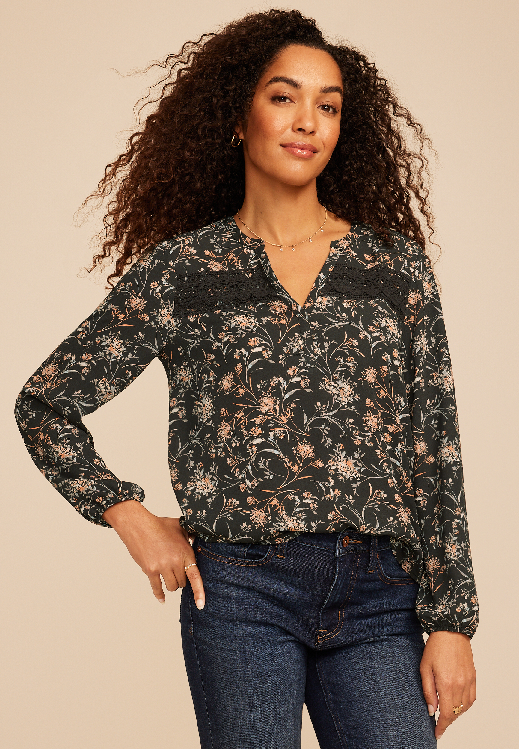 Floral V Neck Crochet Trim Blouse