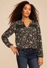 Floral V Neck Crochet Trim Blouse, C9765, small
