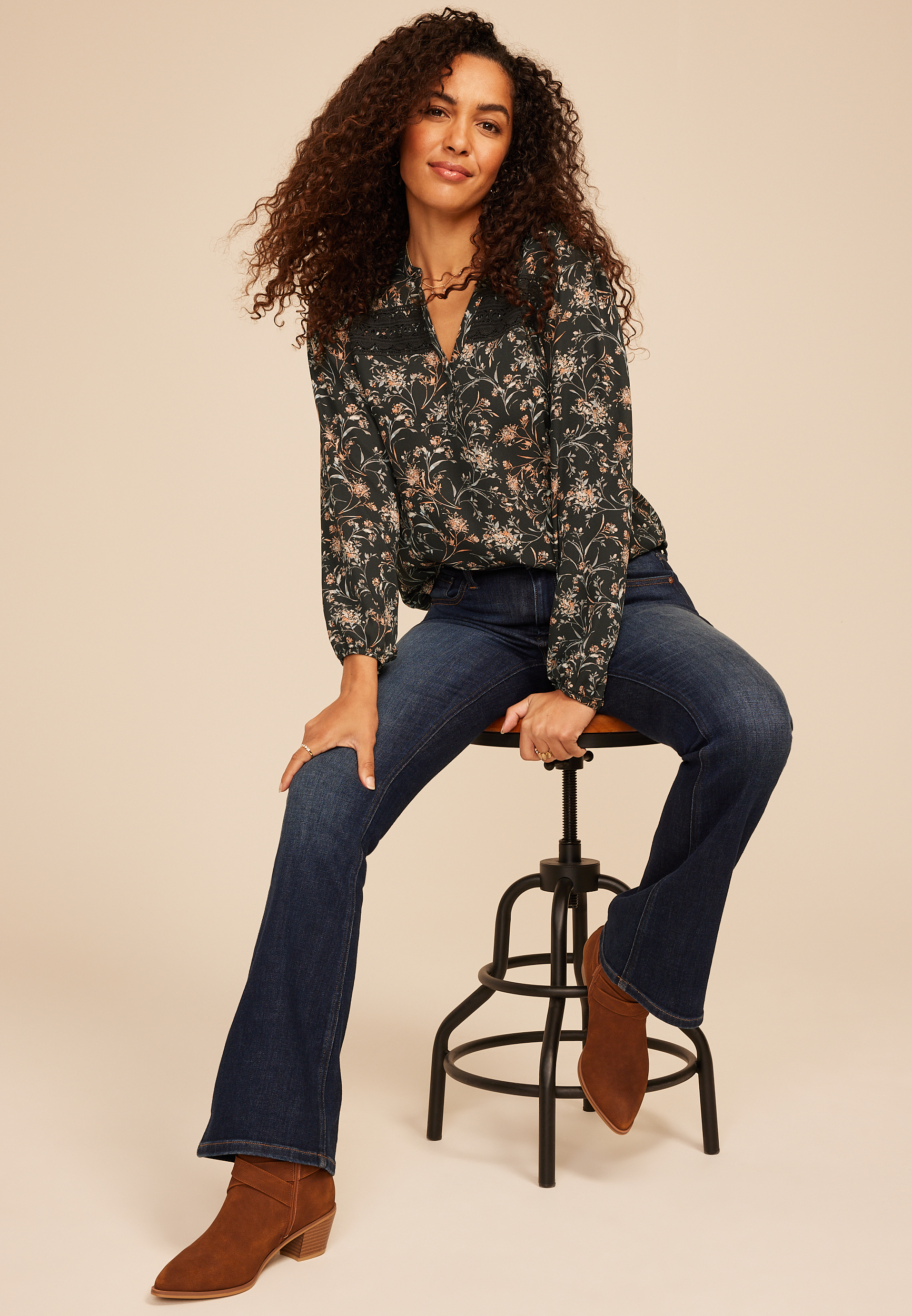 Floral V Neck Crochet Trim Blouse | maurices