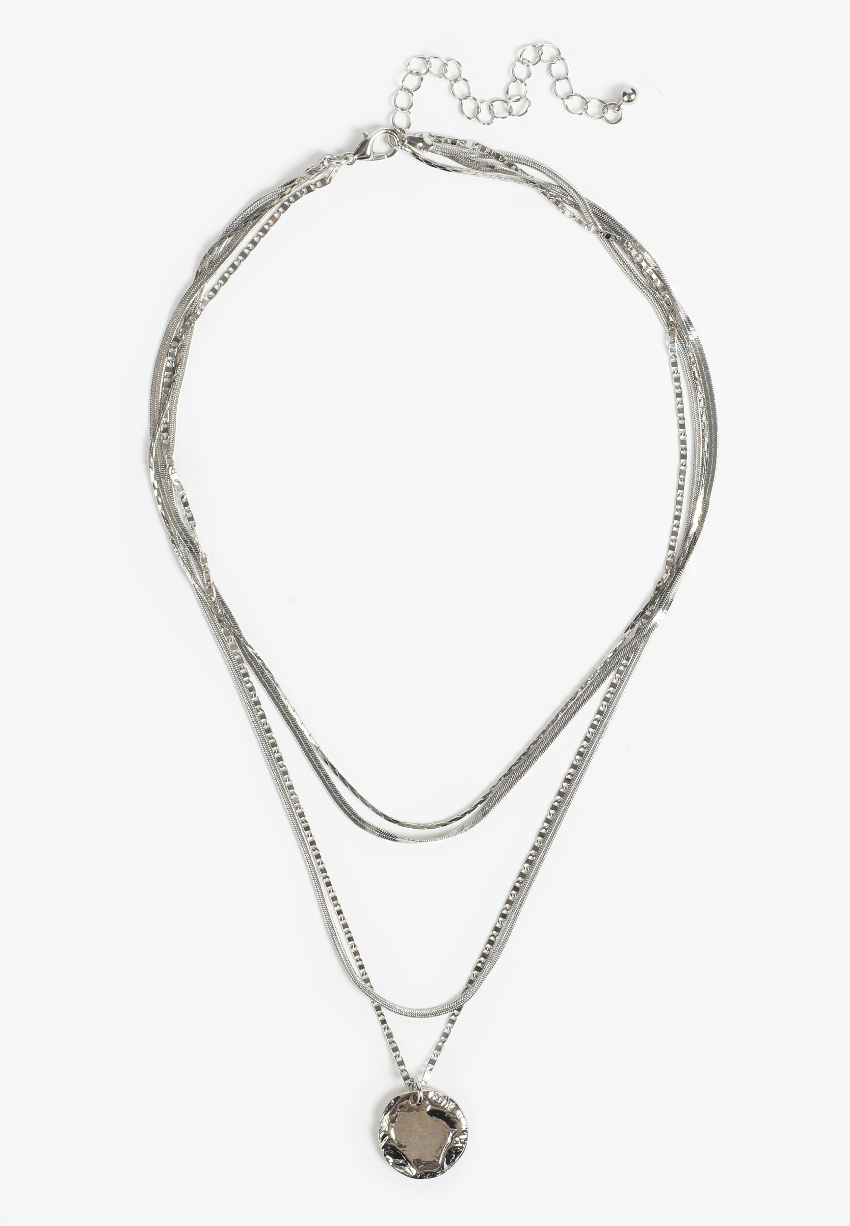 Silver Hammered Coin Pendant Layered Necklace, C431, large