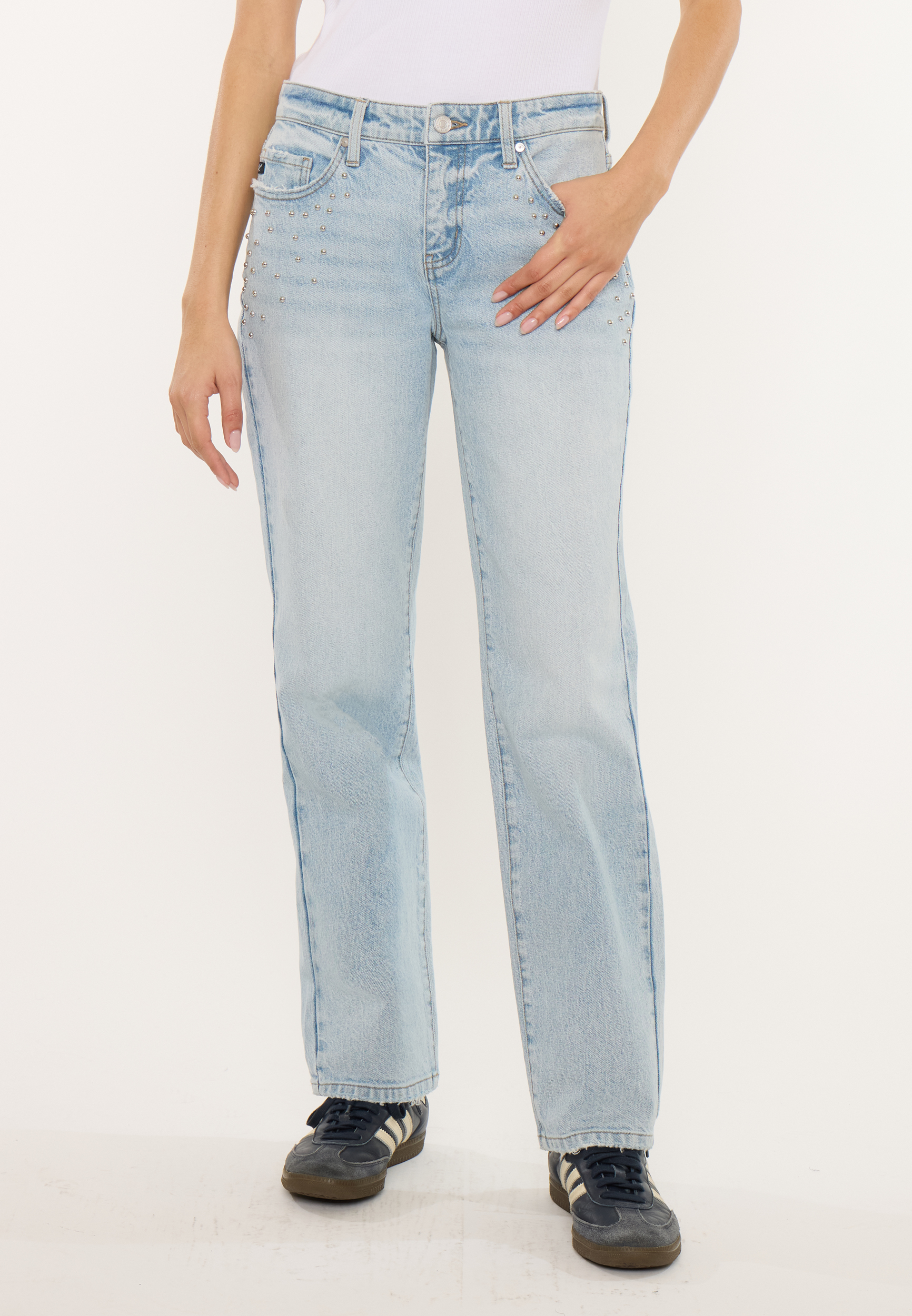 KanCan&trade; Mid Rise Studded Straight Leg Jean