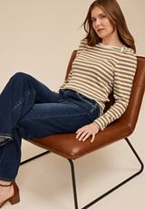 Striped Ribbed Envelope Neck Long Sleeve Tee, C3681, small