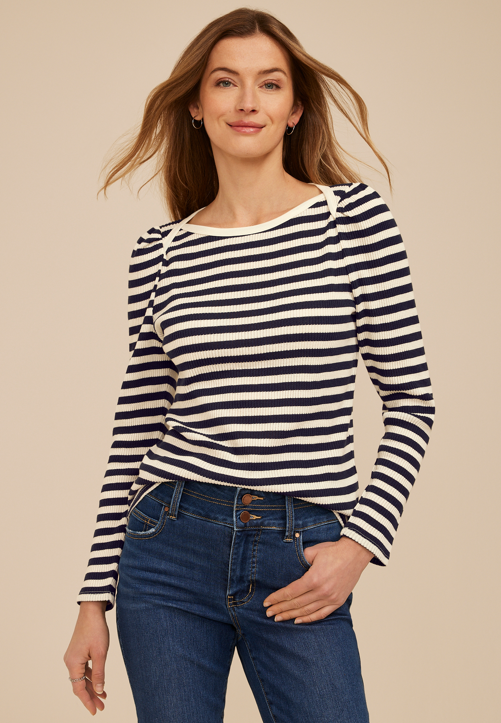 Striped Ribbed Envelope Neck Long Sleeve Tee