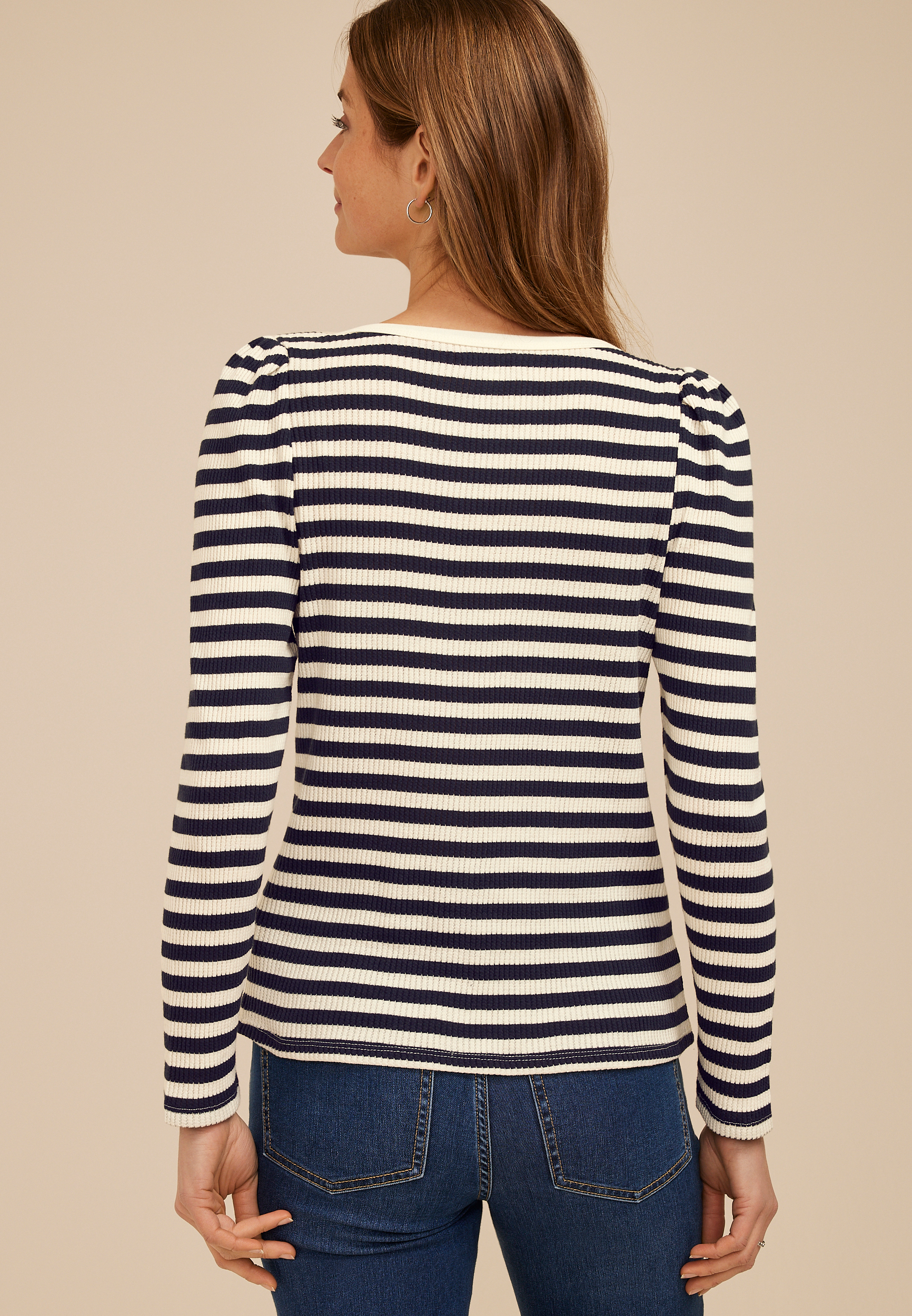 Striped Ribbed Envelope Neck Long Sleeve Tee | maurices