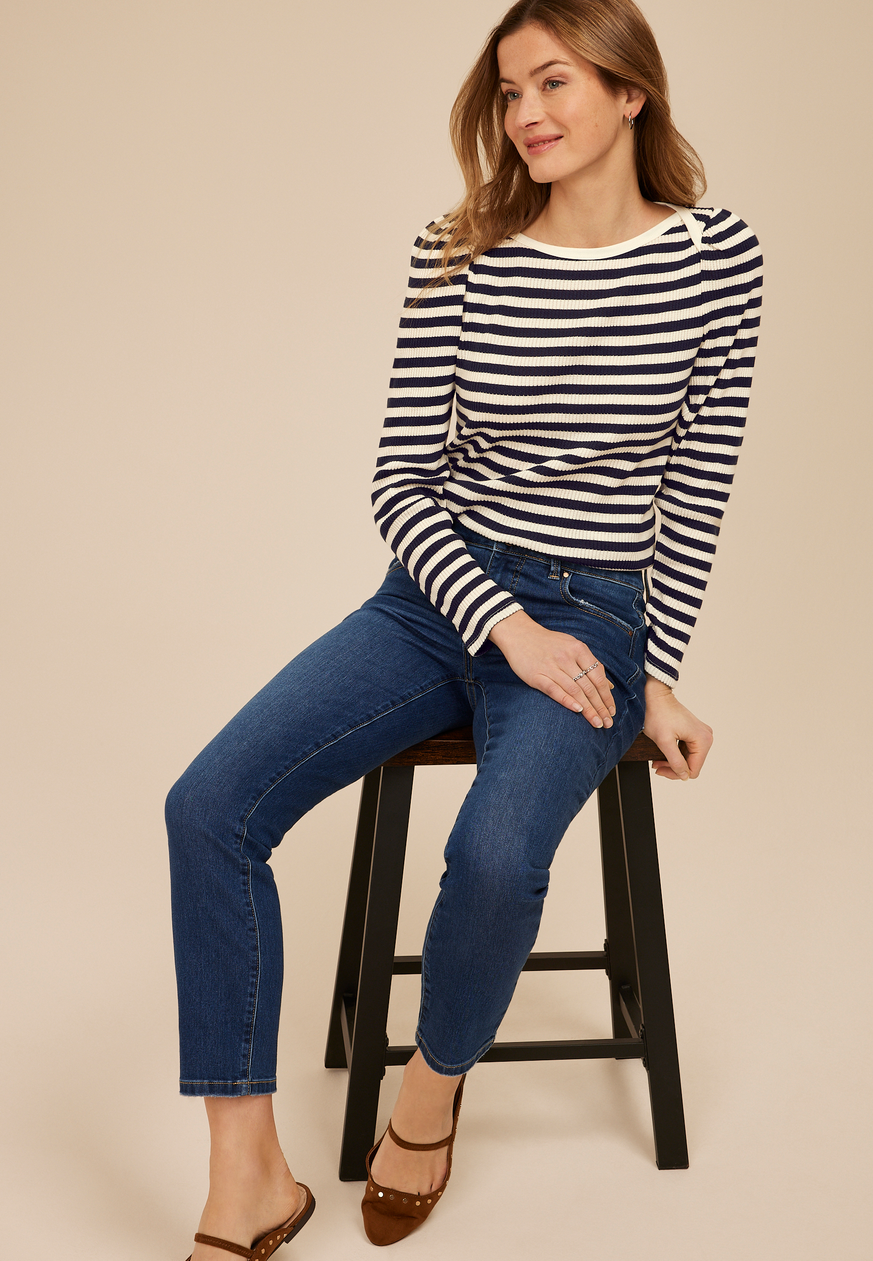 Striped Ribbed Envelope Neck Long Sleeve Tee - thumbnail 6