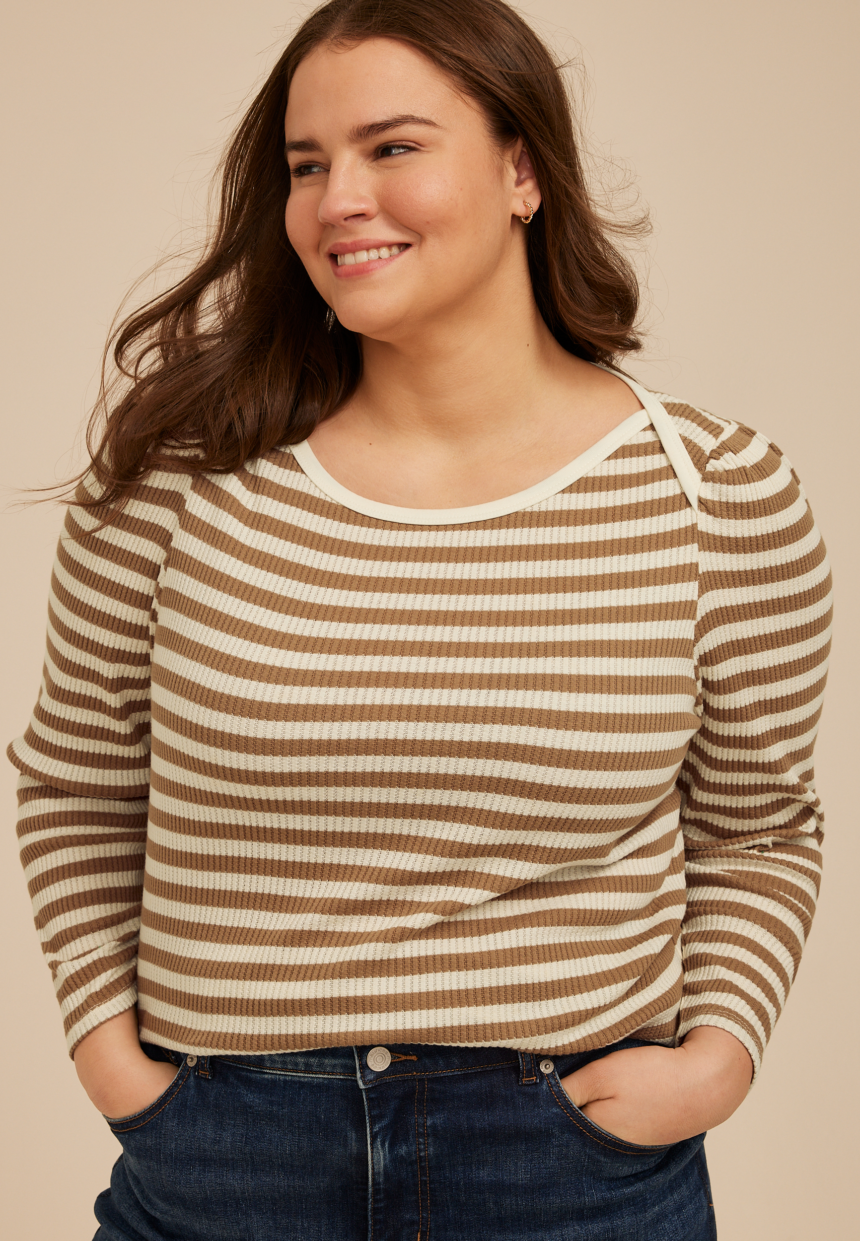 Plus Size Striped Ribbed Envelope Neck Long Sleeve Tee