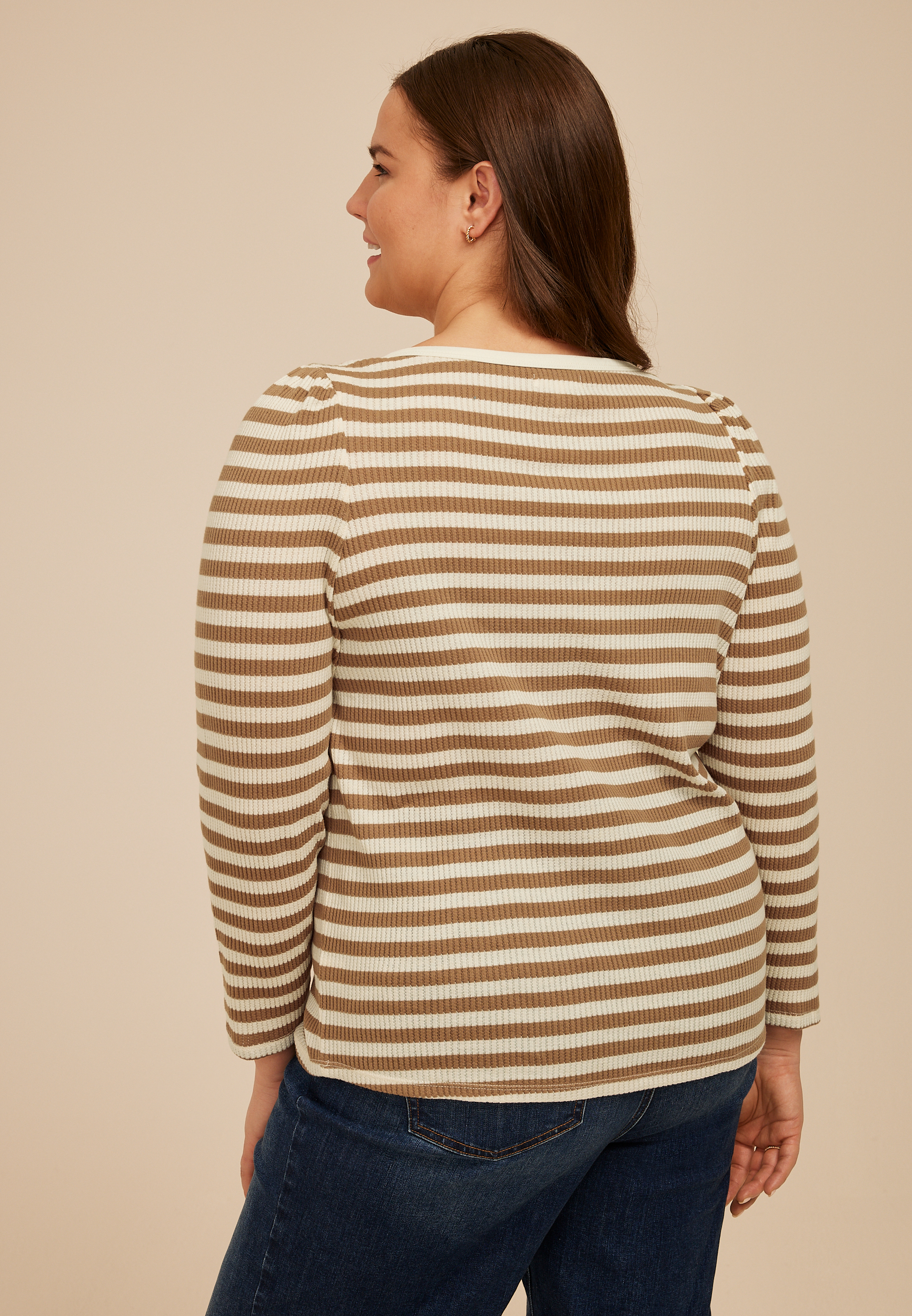 Plus Size Striped Ribbed Envelope Neck Long Sleeve Tee - thumbnail 5