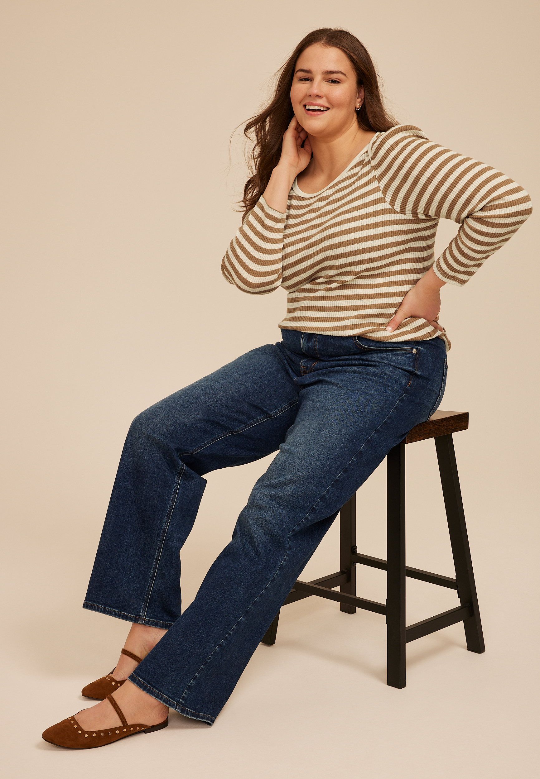 Plus Size Striped Ribbed Envelope Neck Long Sleeve Tee - thumbnail 6