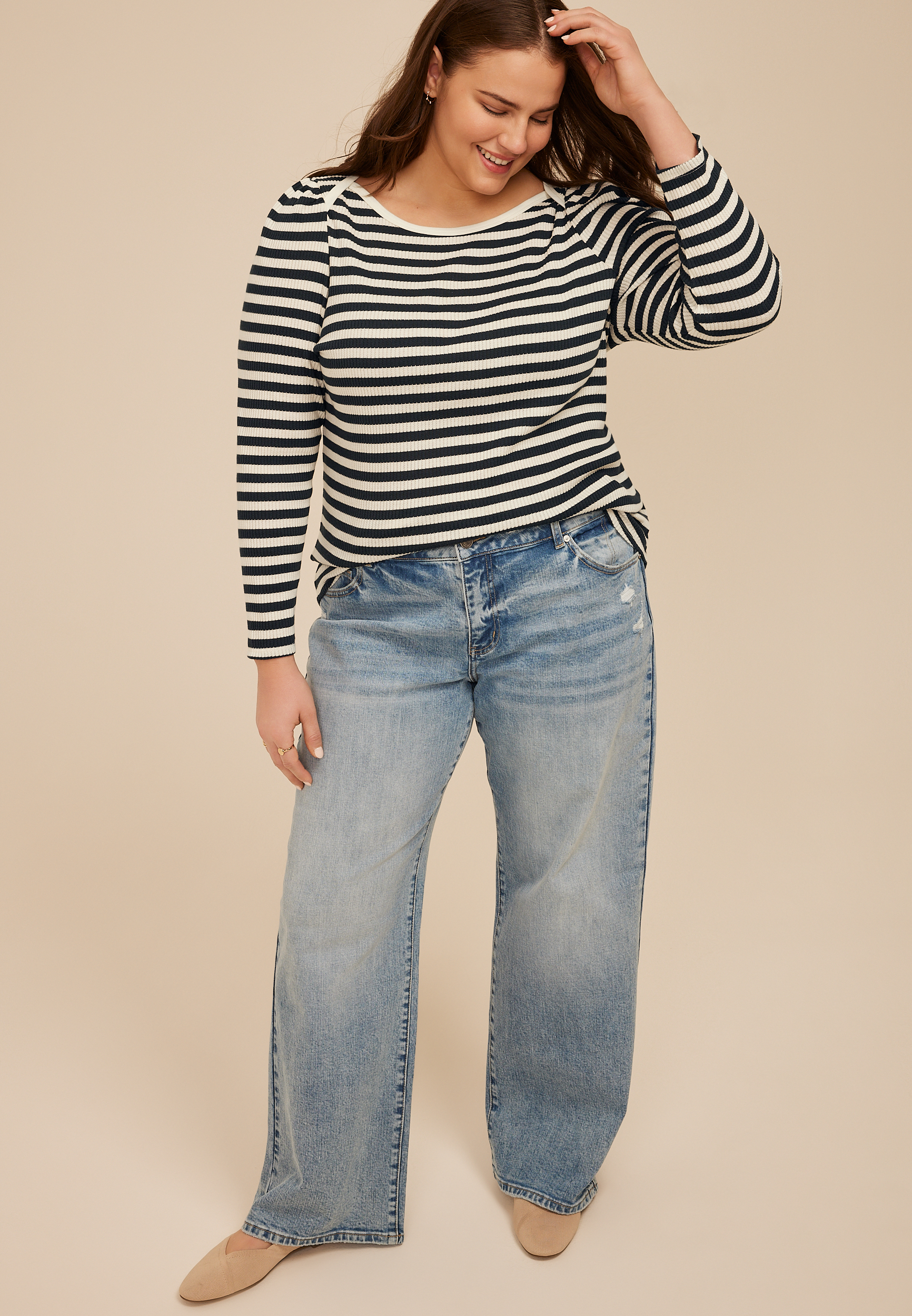 Plus Size Striped Ribbed Envelope Neck Long Sleeve Tee