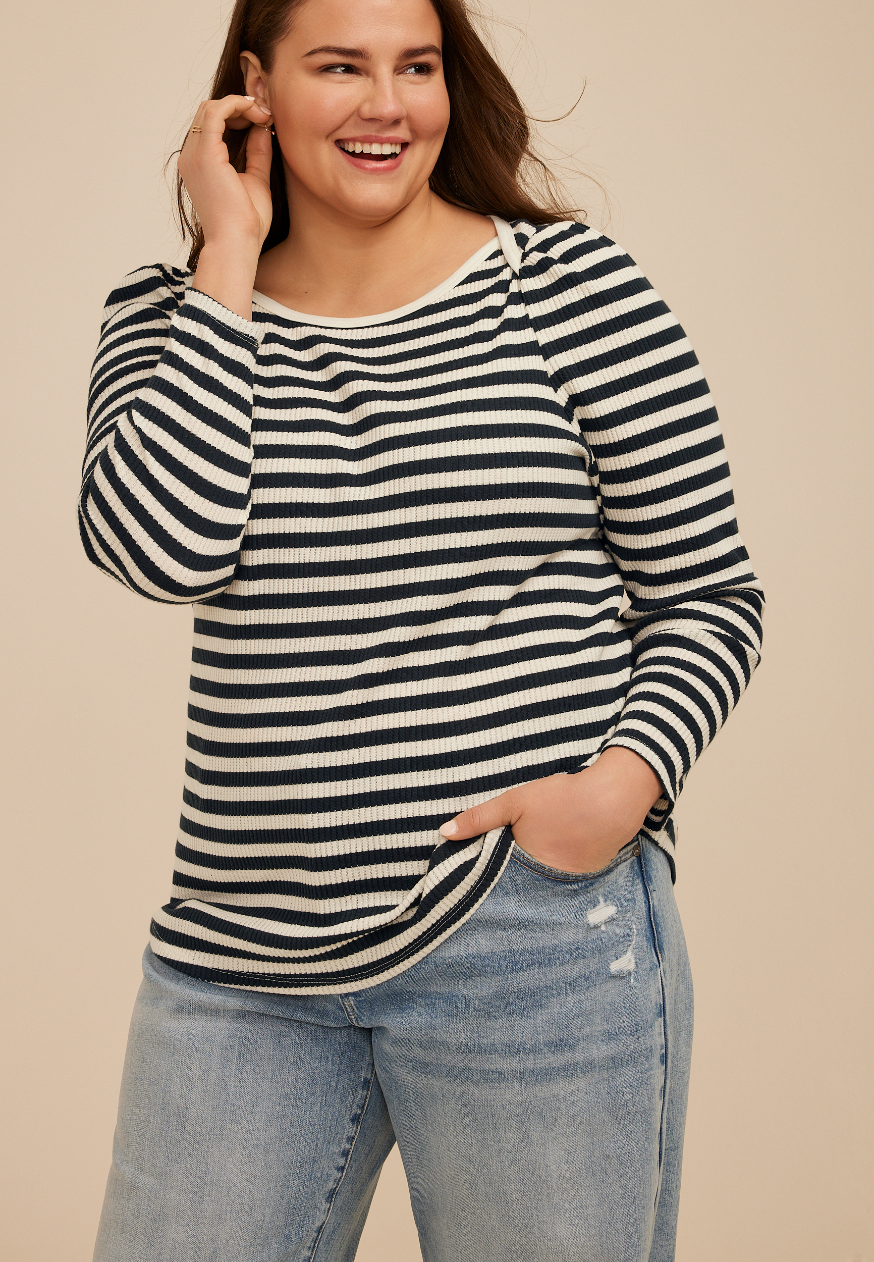 Plus Size Striped Ribbed Envelope Neck Long Sleeve Tee, C9510, large