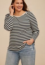 Plus Size Striped Ribbed Envelope Neck Long Sleeve Tee, C9510, small