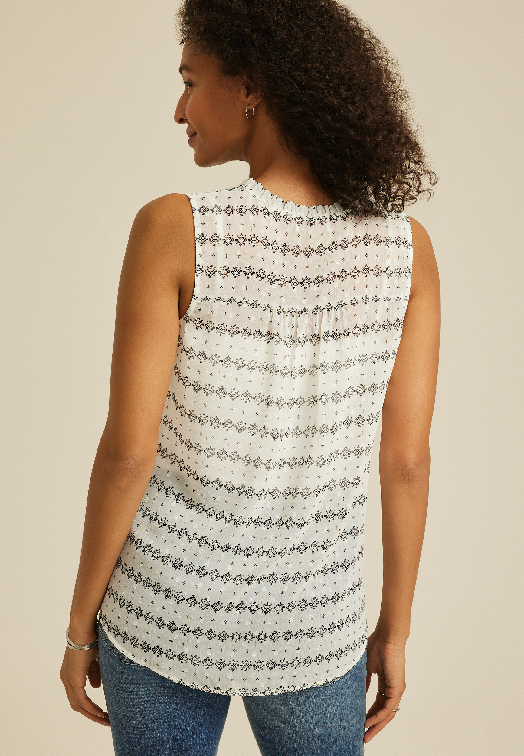 Atwood Smocked Shoulder Sheer Printed Tank Top, C1756, large