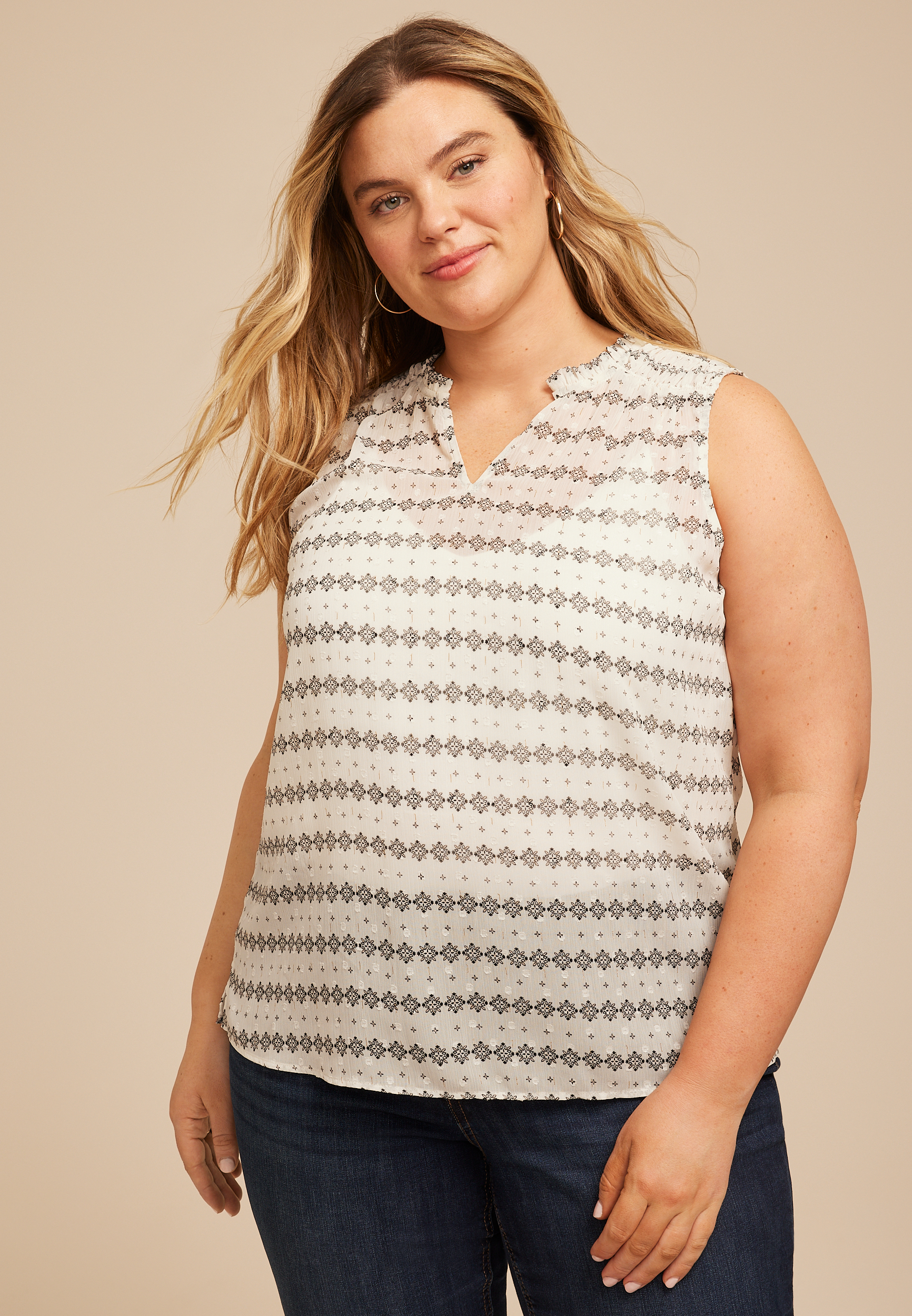 Plus Size Atwood Smocked Shoulder Sheer Printed Tank Top