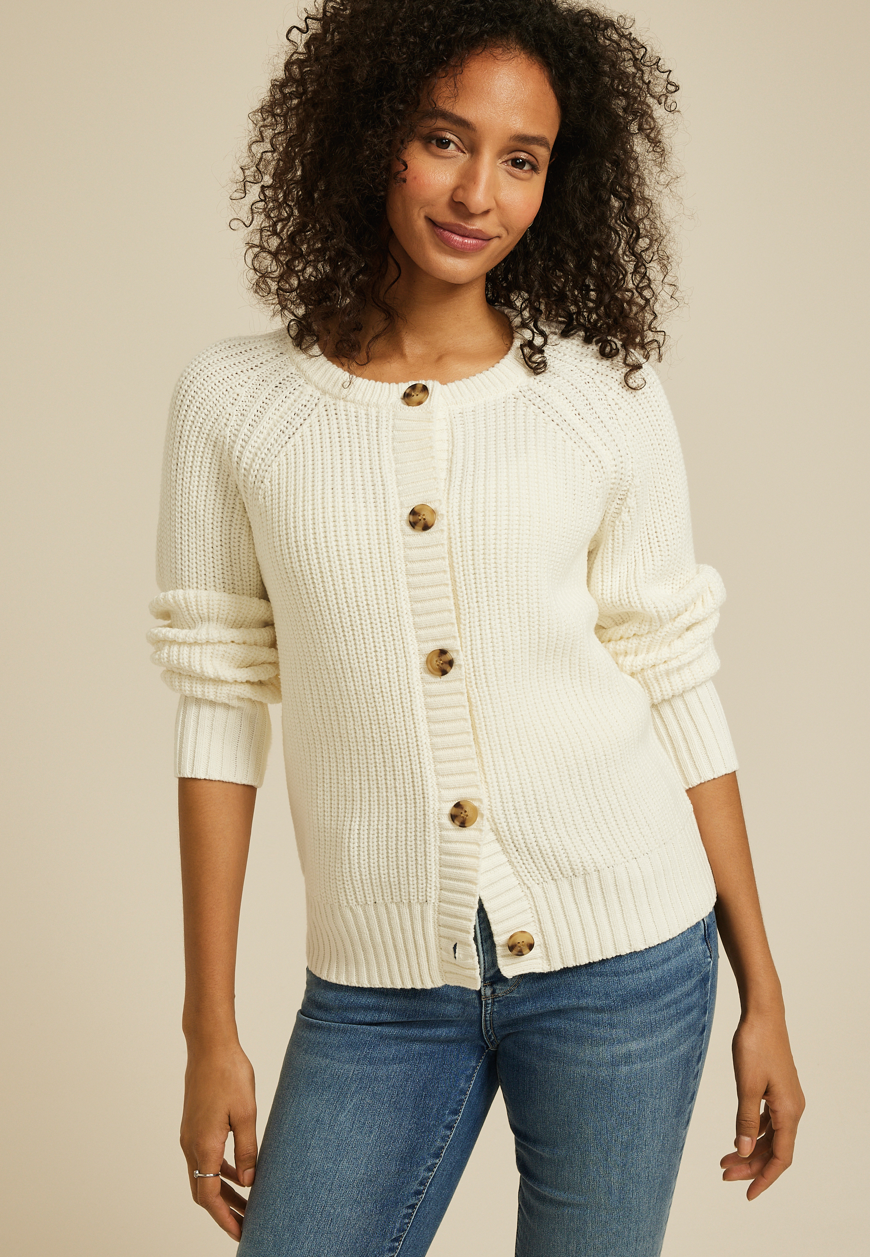 Crew Neck Button Front Cardigan