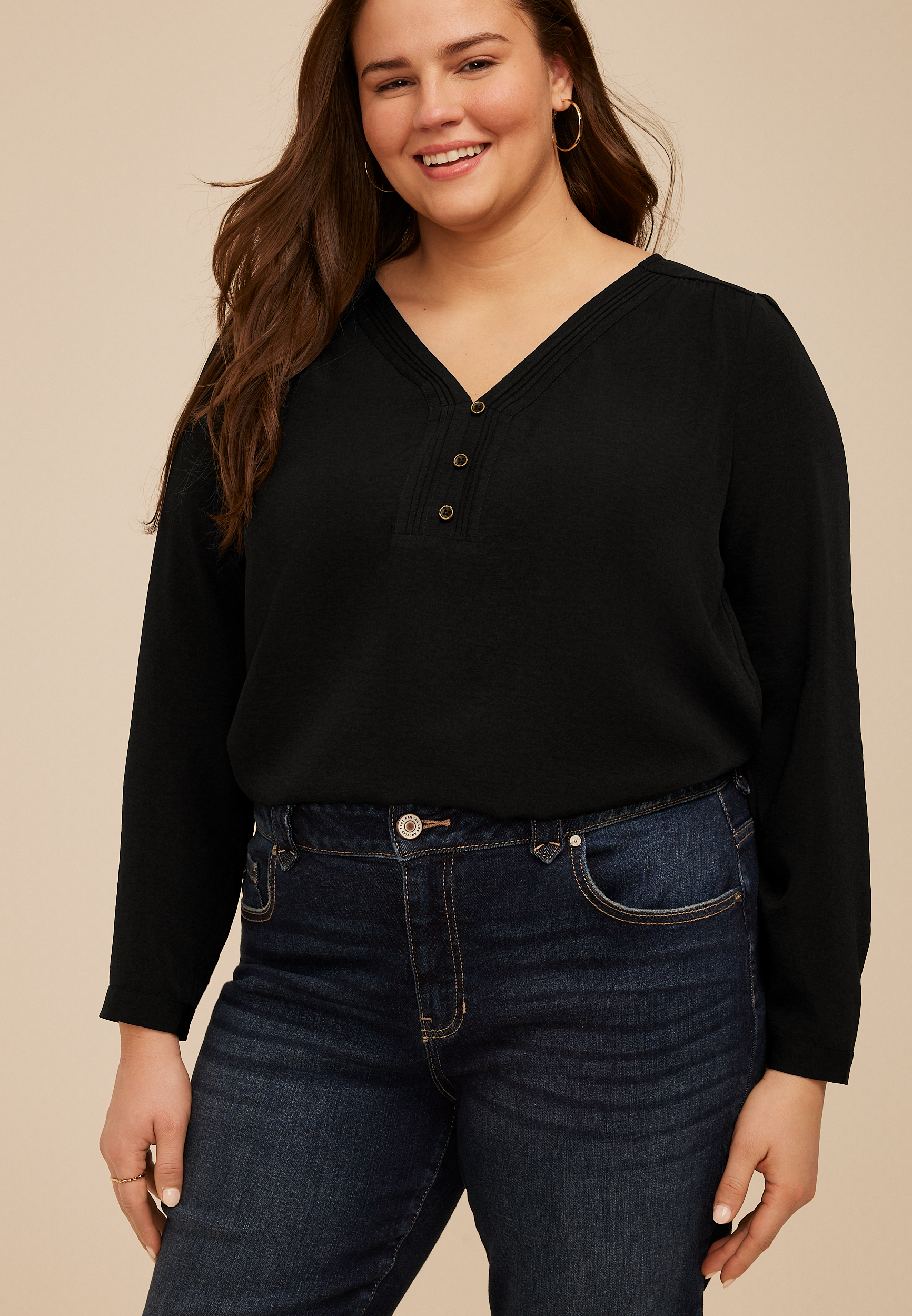 Plus Size Pintuck Henley Blouse