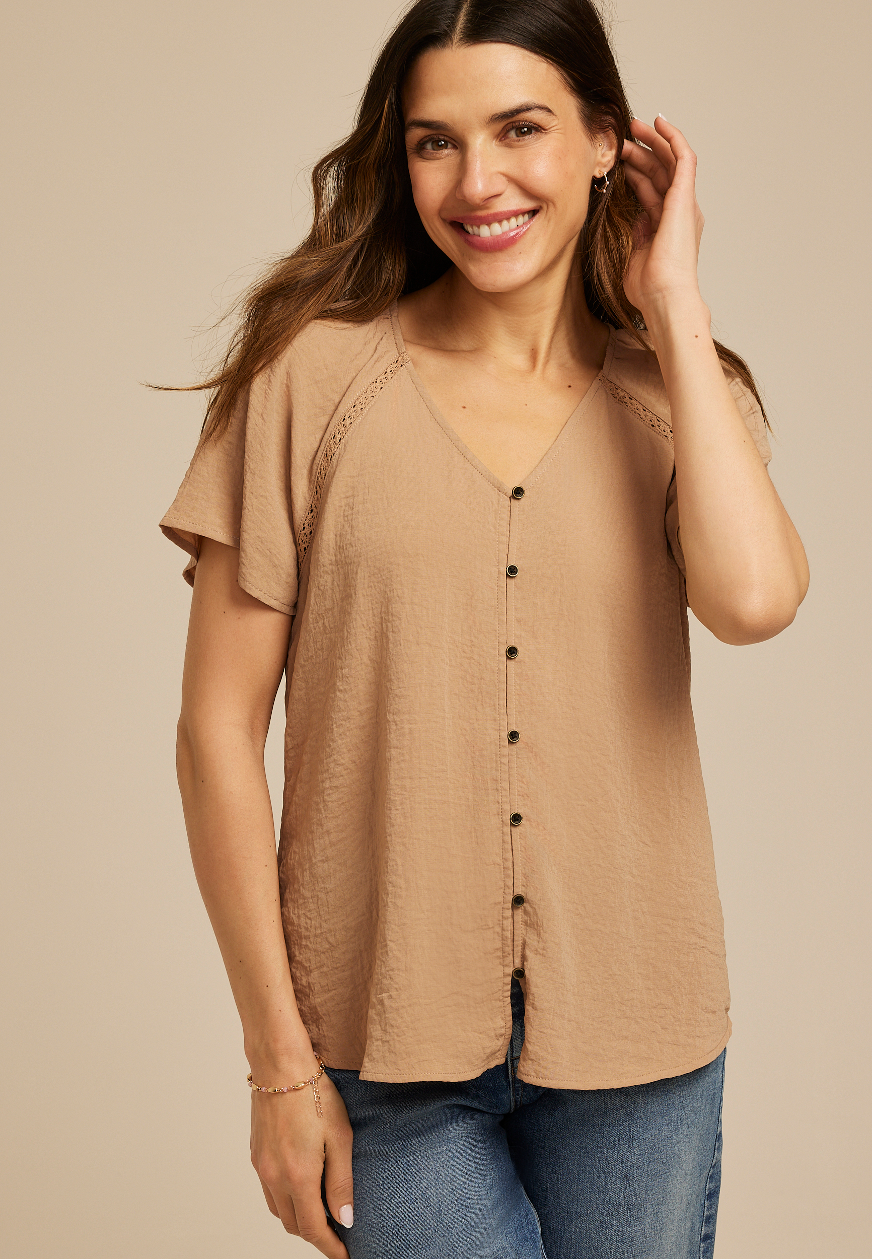 Crinkled Button Front Flutter Sleeve Blouse
