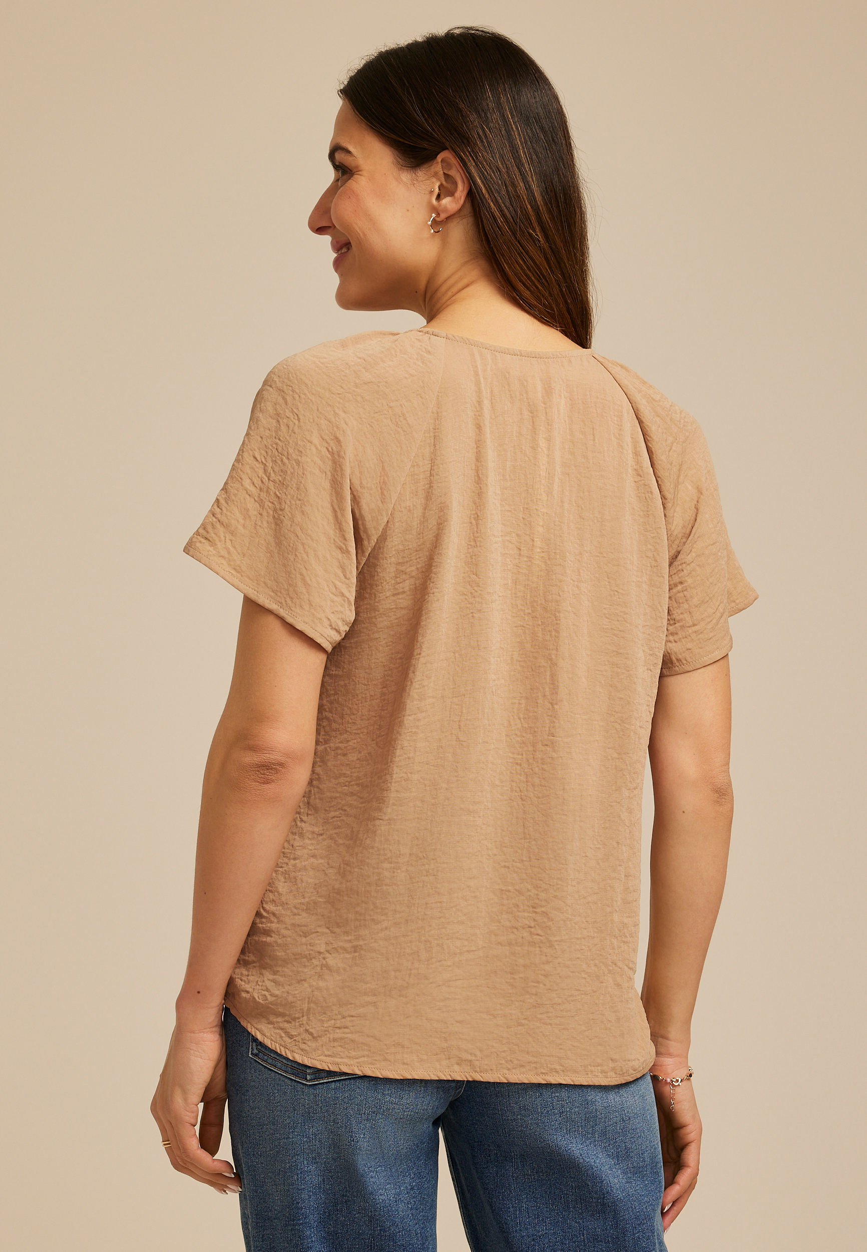 Crinkled Button Front Flutter Sleeve Blouse, AMPHORA, large