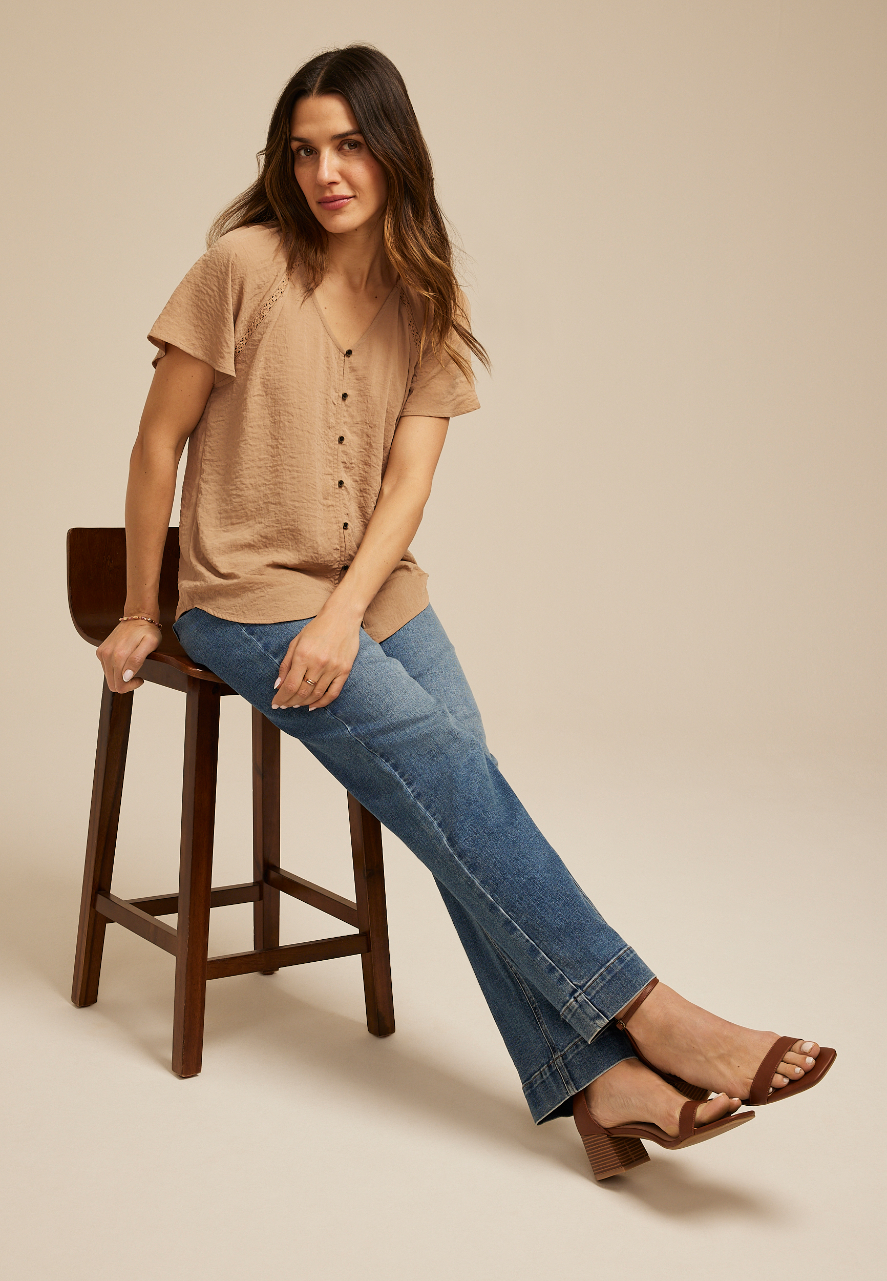 Crinkled Button Front Flutter Sleeve Blouse, AMPHORA, large