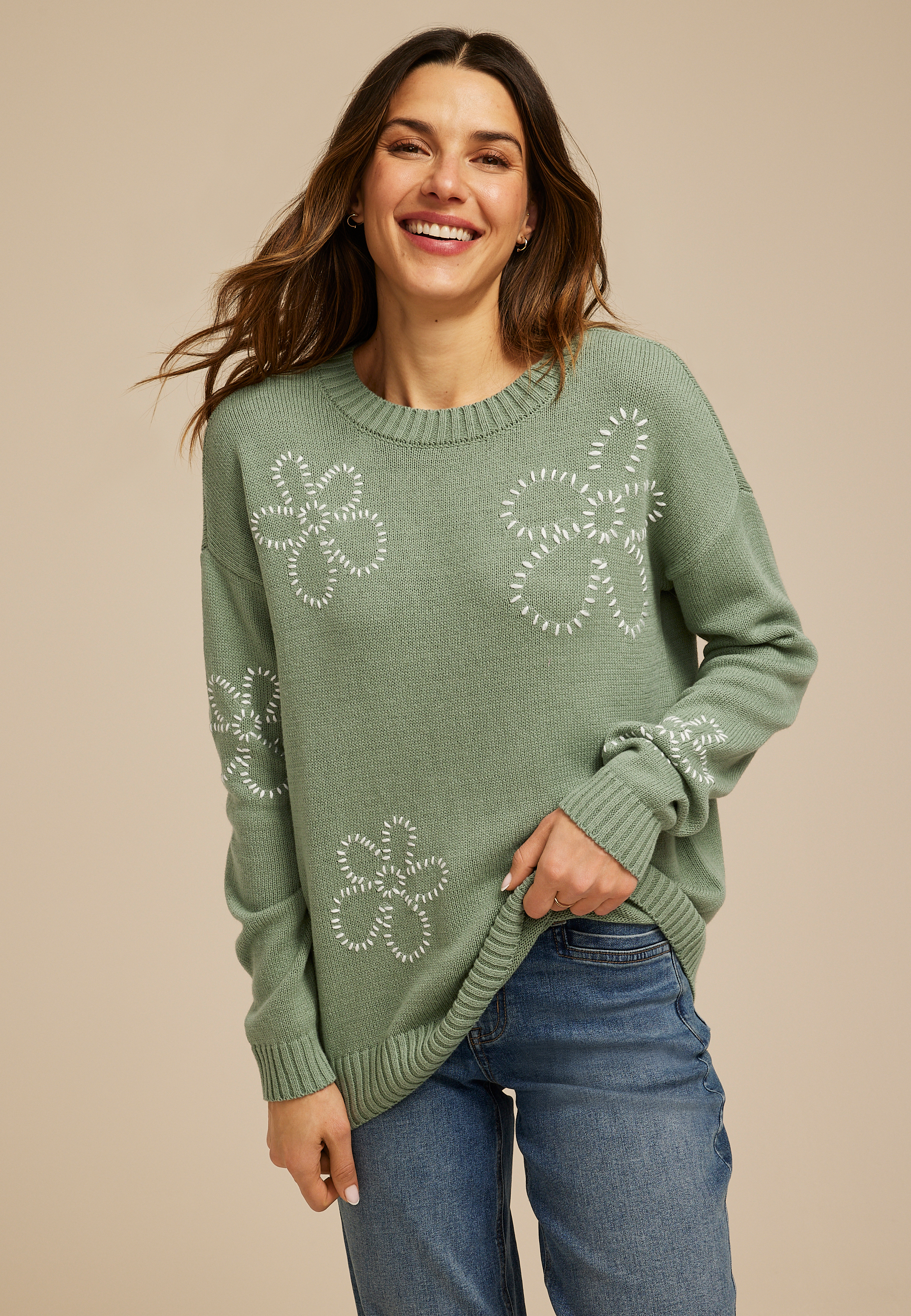 Floral Whip Stitch Crew Neck Sweater