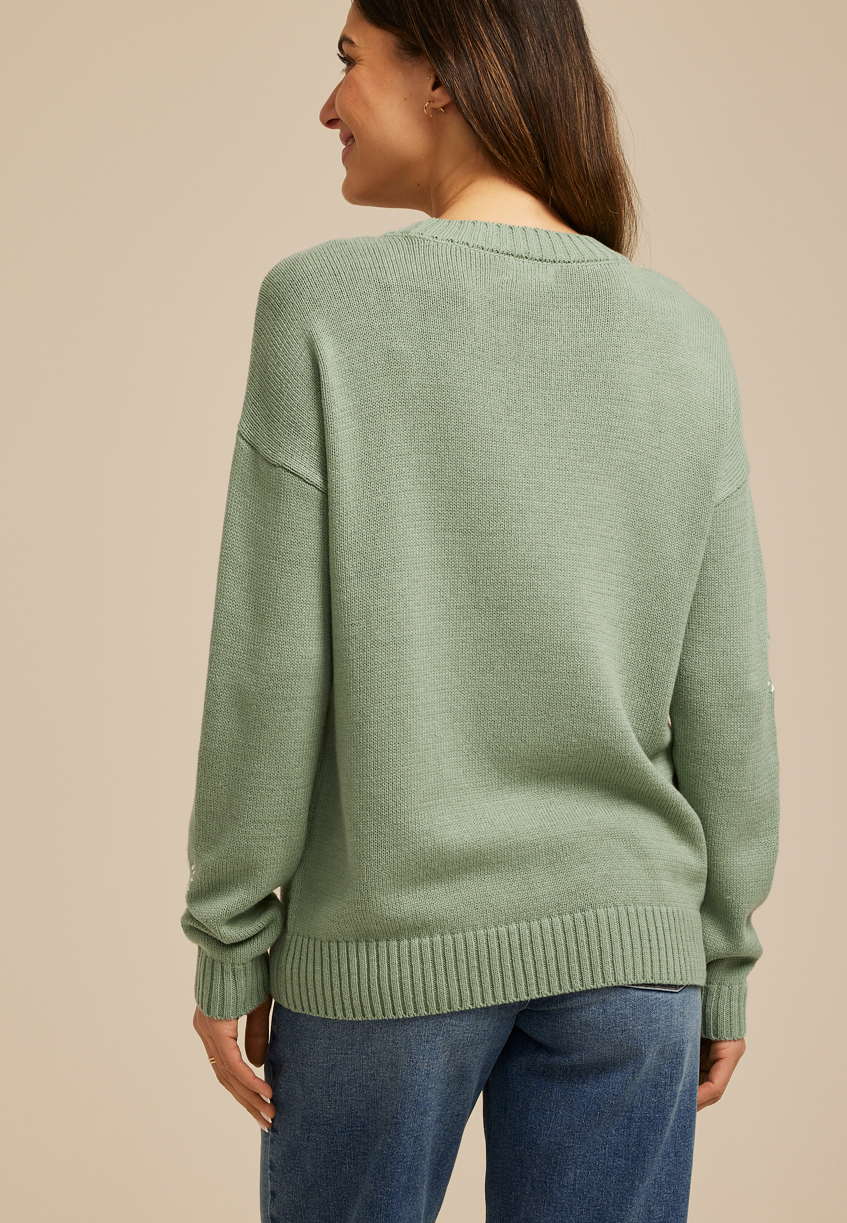 Floral Whipstitch Crew Neck Sweater, C7225, large