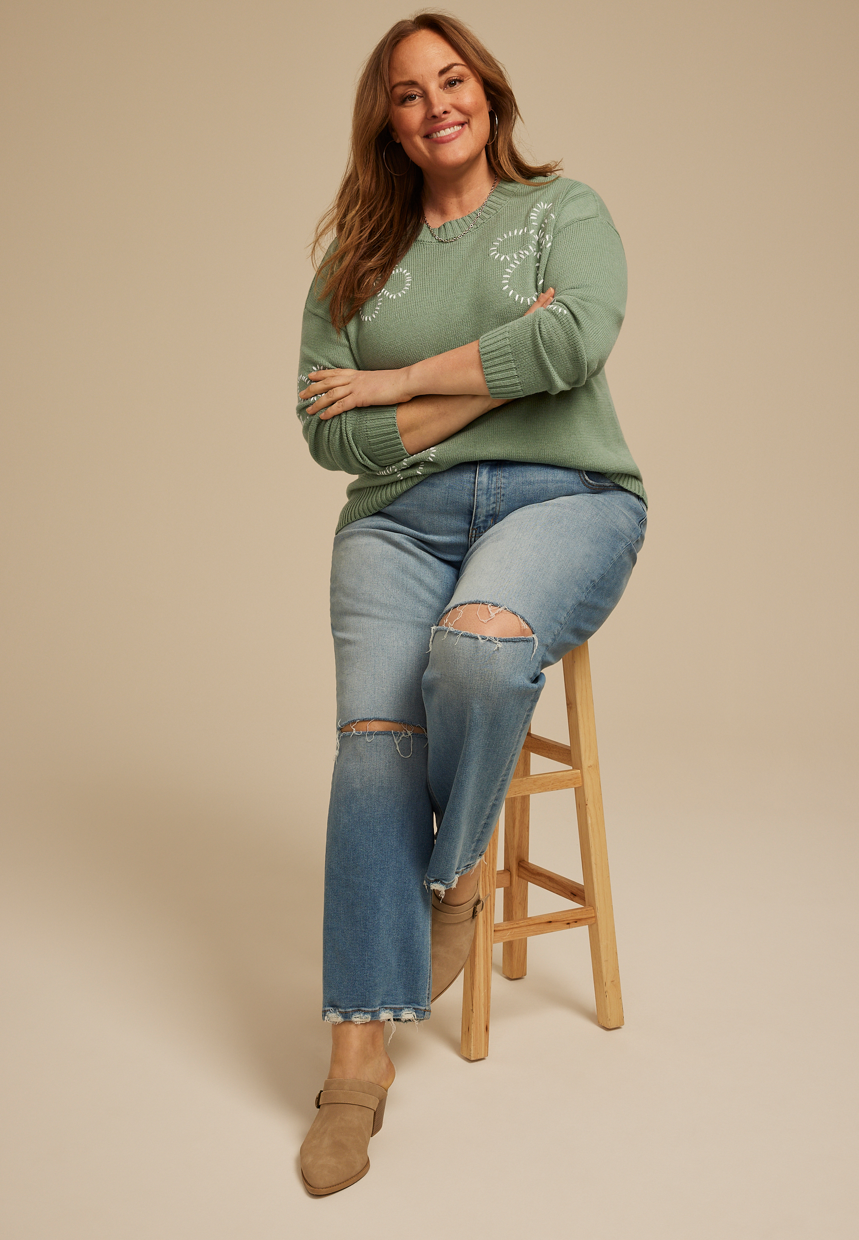 Plus Size Floral Whip Stitch Crew Neck Sweater