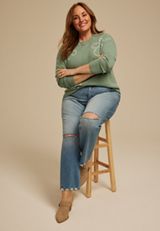 Plus Size Floral Whipstitch Crew Neck Sweater, C7225, small
