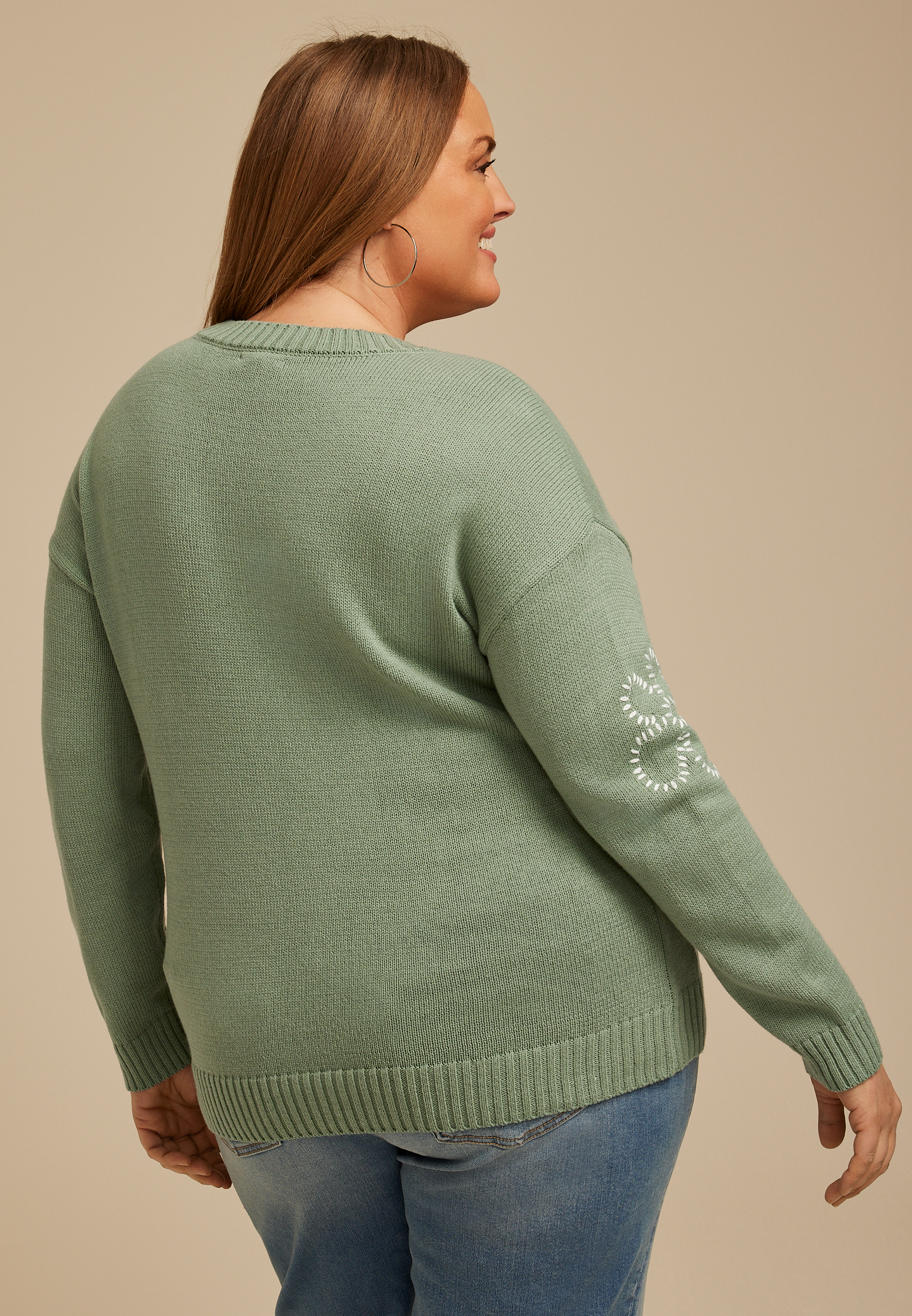 Plus Size Floral Whipstitch Crew Neck Sweater, C7225, large