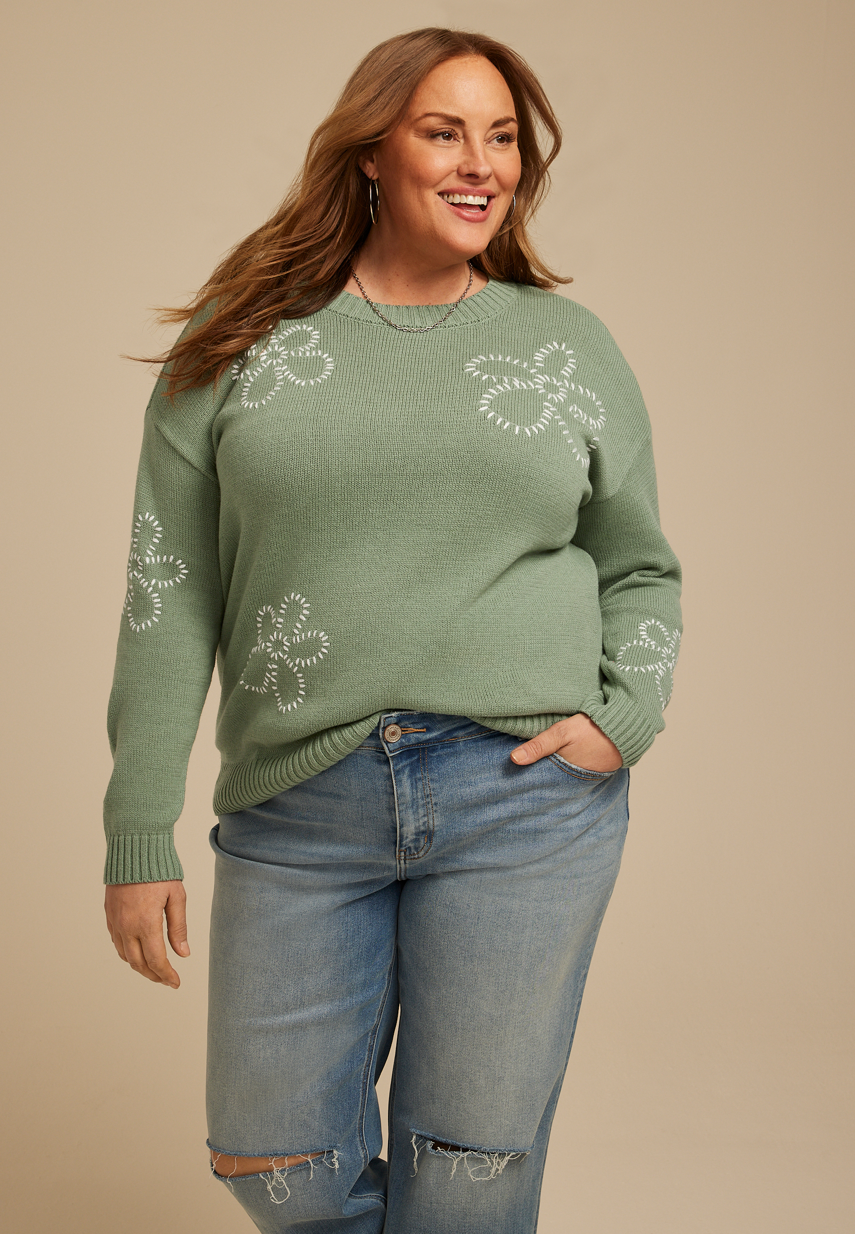 Plus Size Floral Whipstitch Crew Neck Sweater, C7225, large