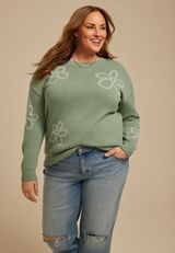 Plus Size Floral Whipstitch Crew Neck Sweater, C7225, small