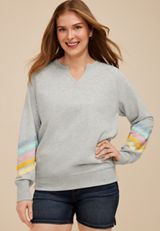 Pastel Striped Sleeves Notch Neck Sweatshirt, C3348, small