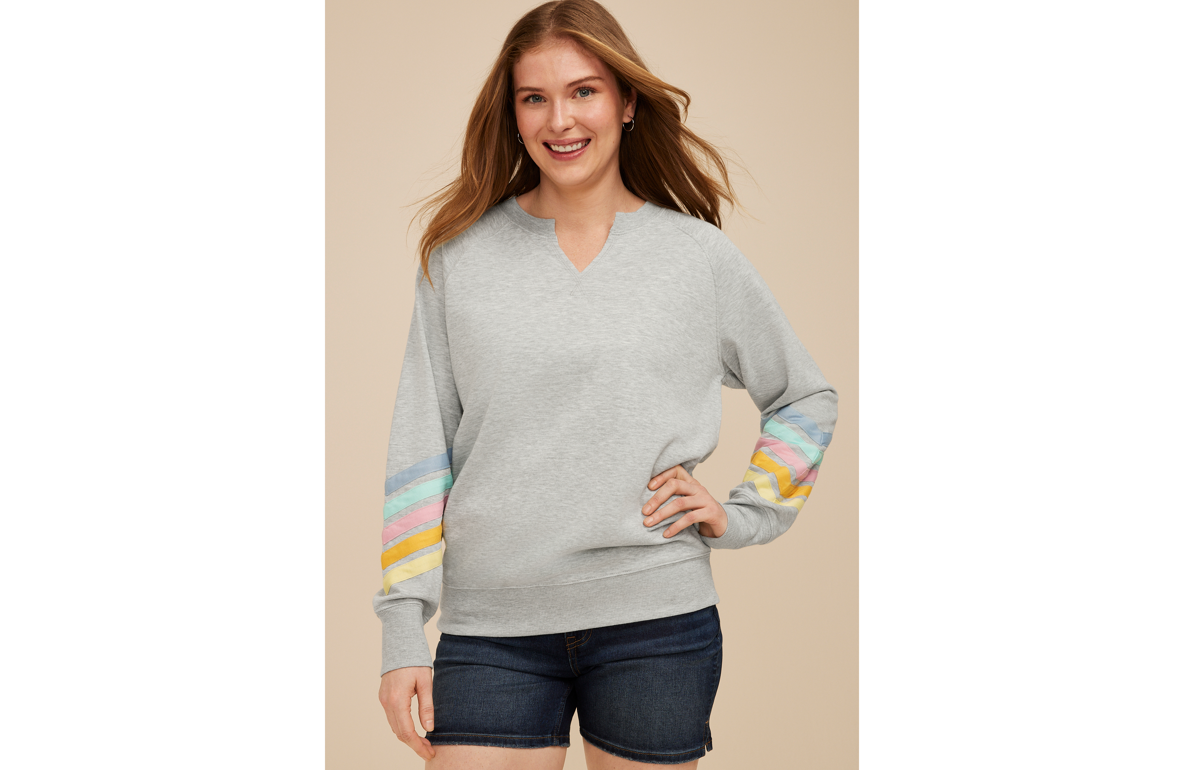 Pastel Striped Sleeves Notch Neck Sweatshirt