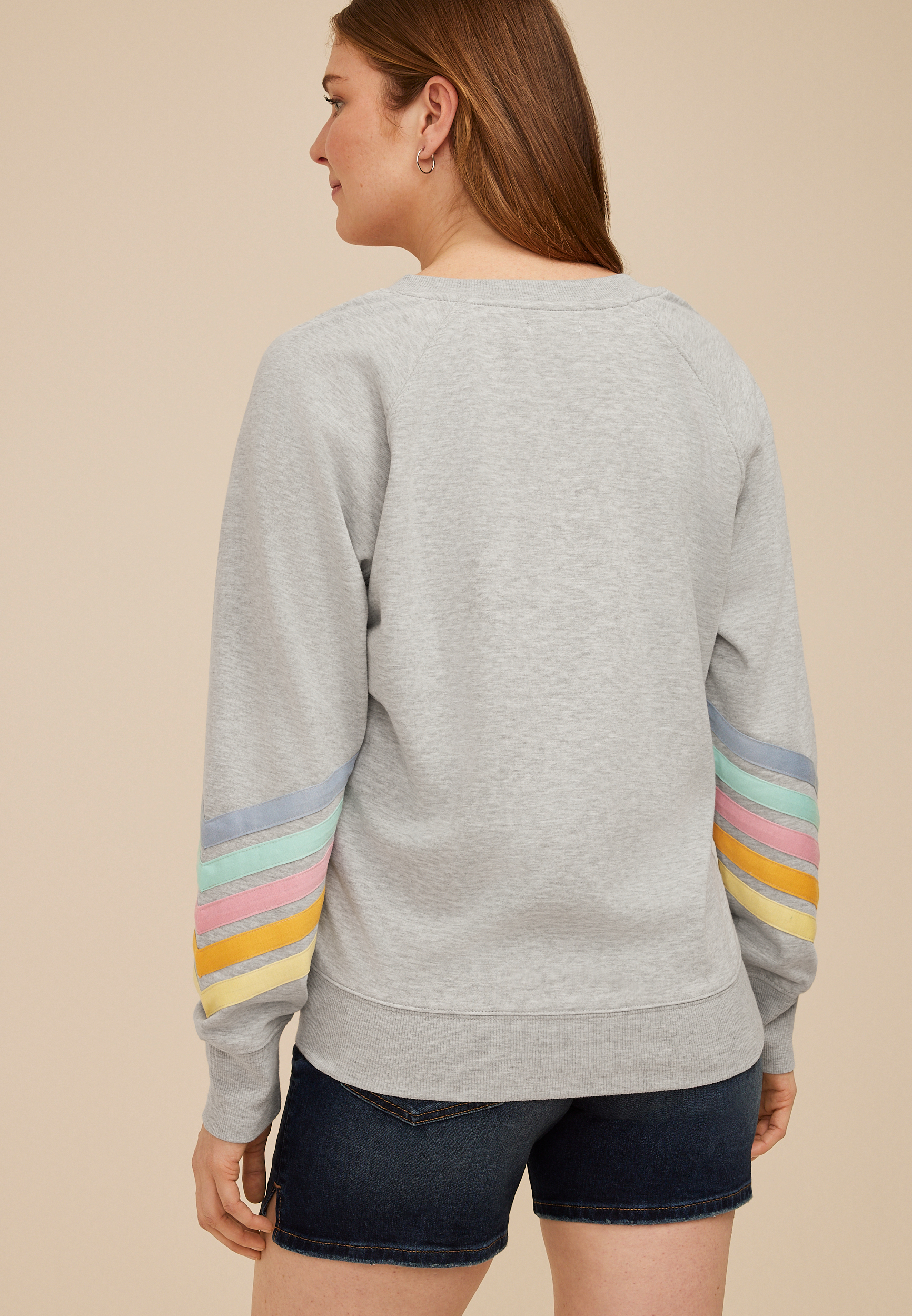 Pastel Striped Sleeves Notch Neck Sweatshirt, C3348, large