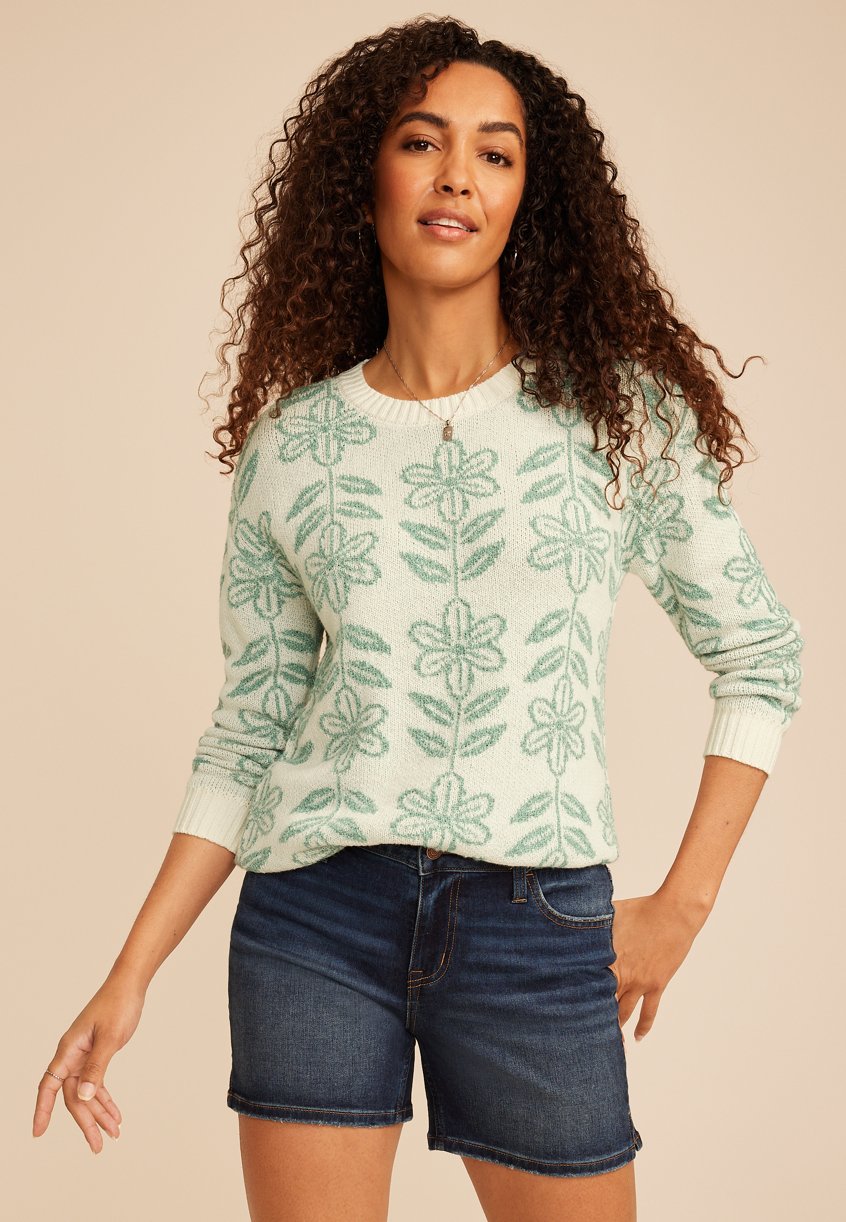 Textured Floral Crew Neck Sweater
