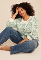 Plus Size Textured Floral Crew Neck Sweater, C1130, small