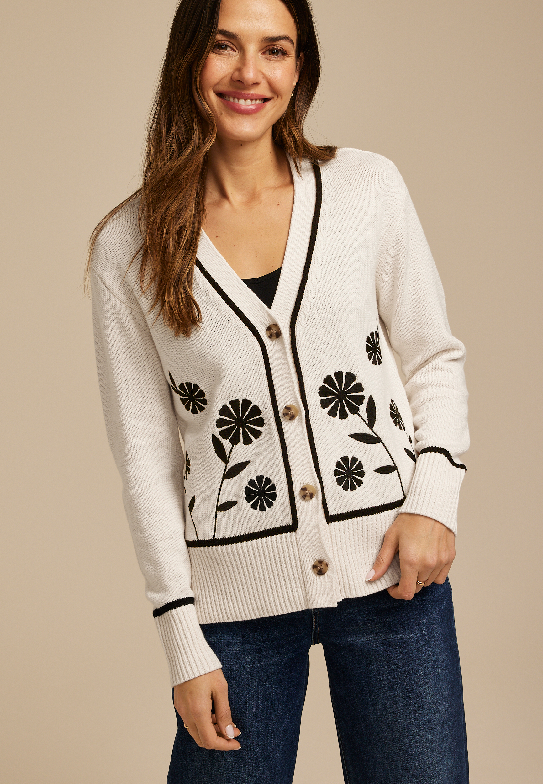 Floral Stitch Button Front Cardigan