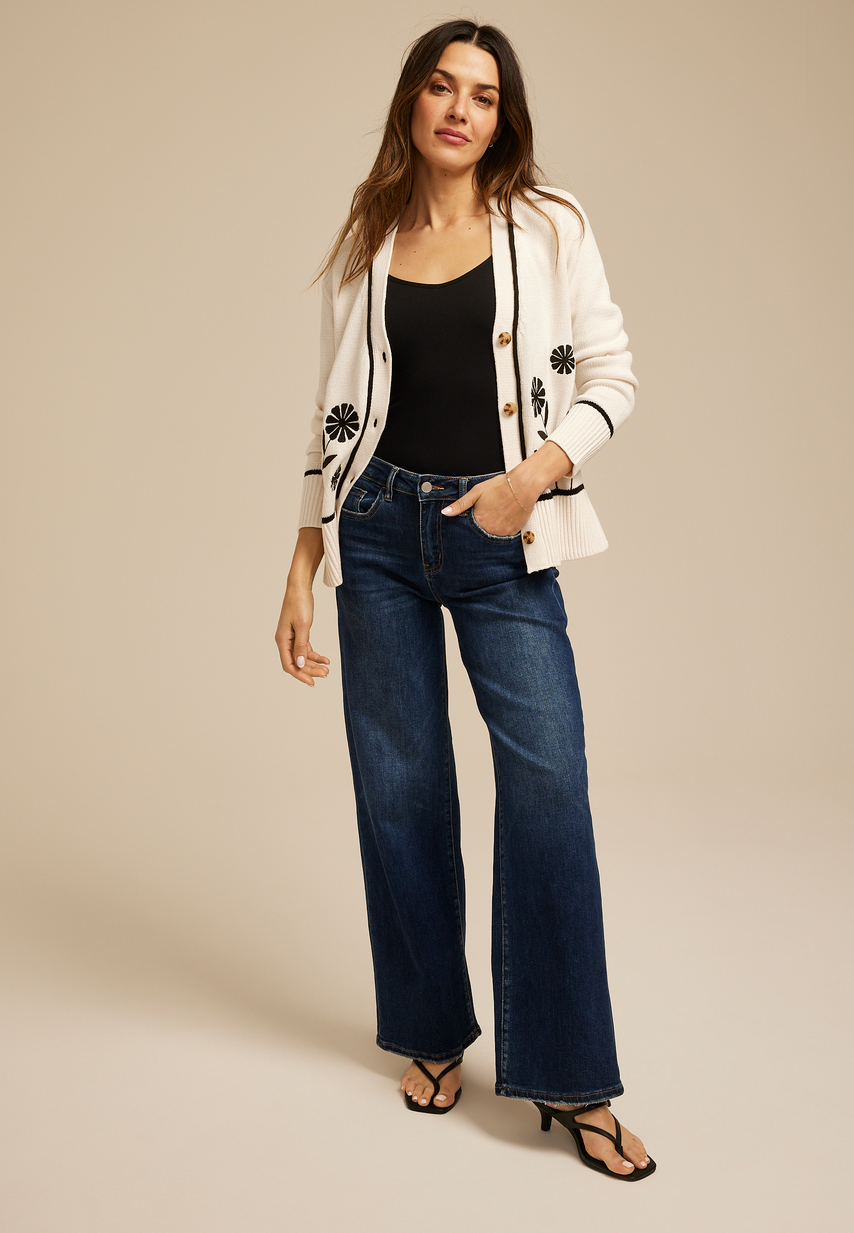 Floral Stitch Button Front Cardigan, C2969, large