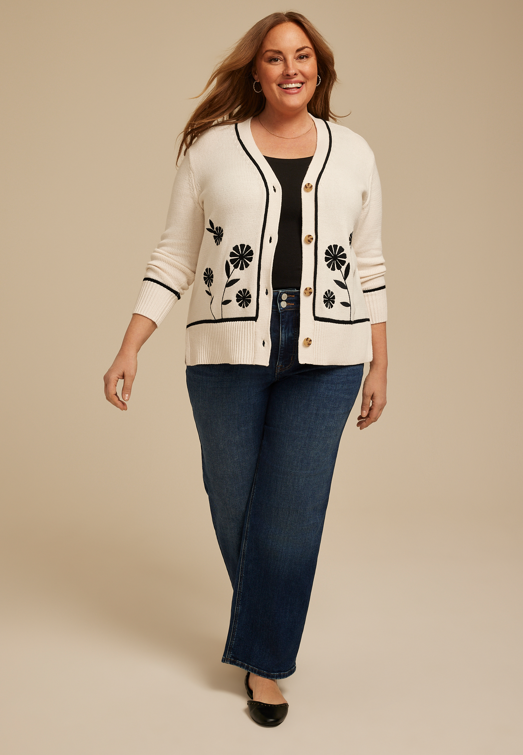 Plus Size Floral Stitch Button Front Cardigan