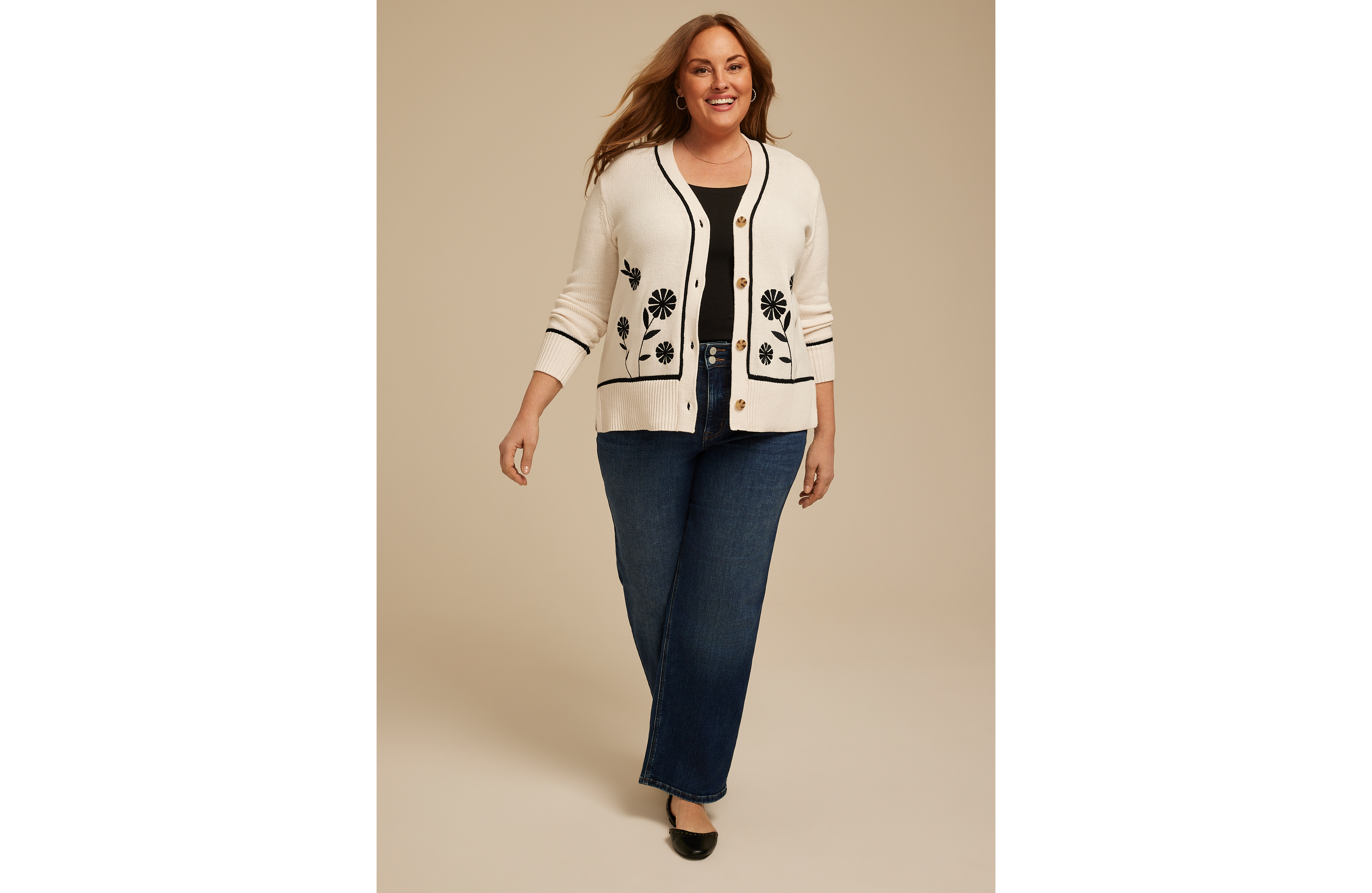 Plus Floral Stitch Button Front Cardigan