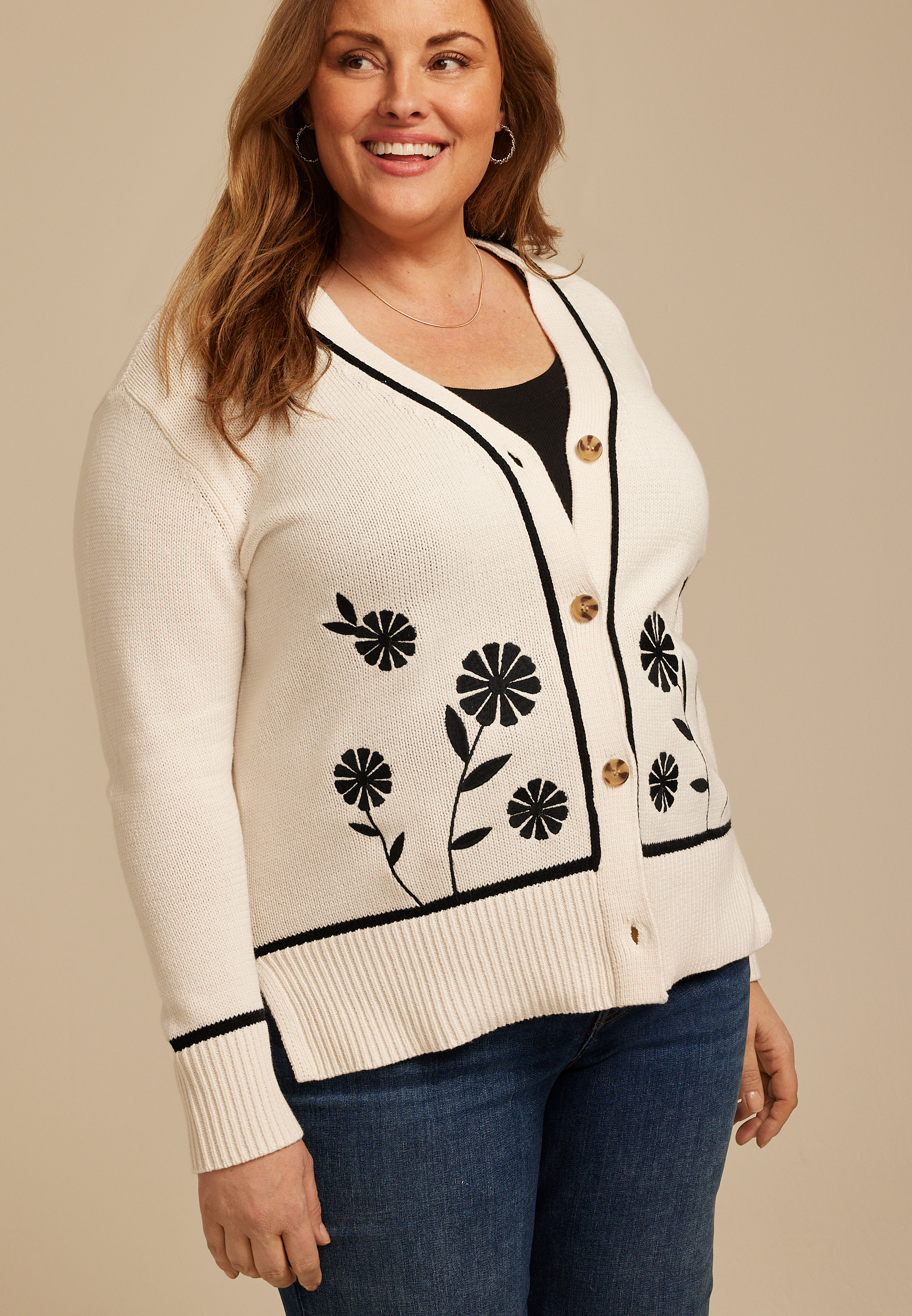 Plus Size Floral Stitch Button Front Cardigan, C2969, large