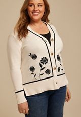 Plus Size Floral Stitch Button Front Cardigan, C2969, small