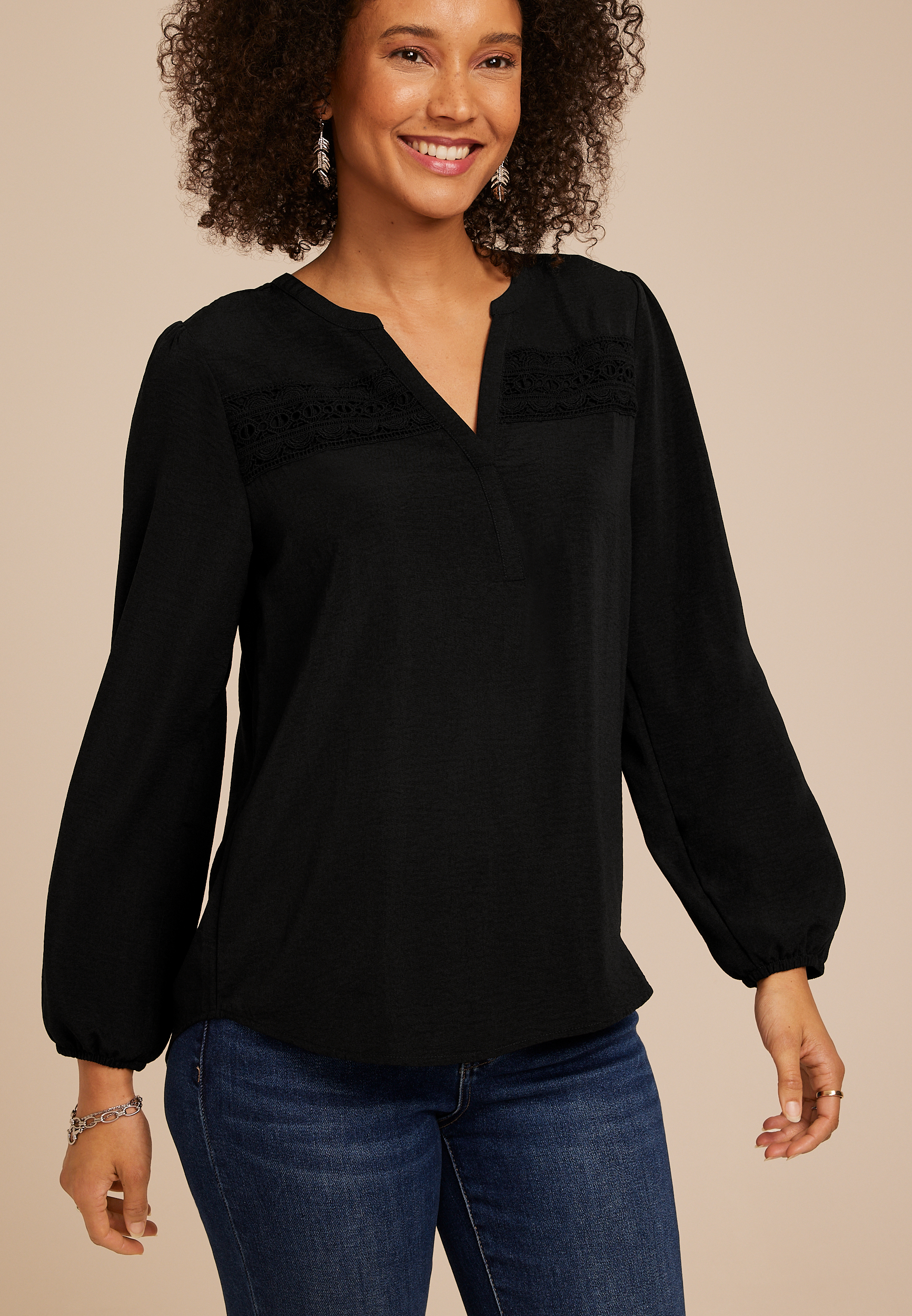 Crochet Trim Split Neck Blouse | maurices
